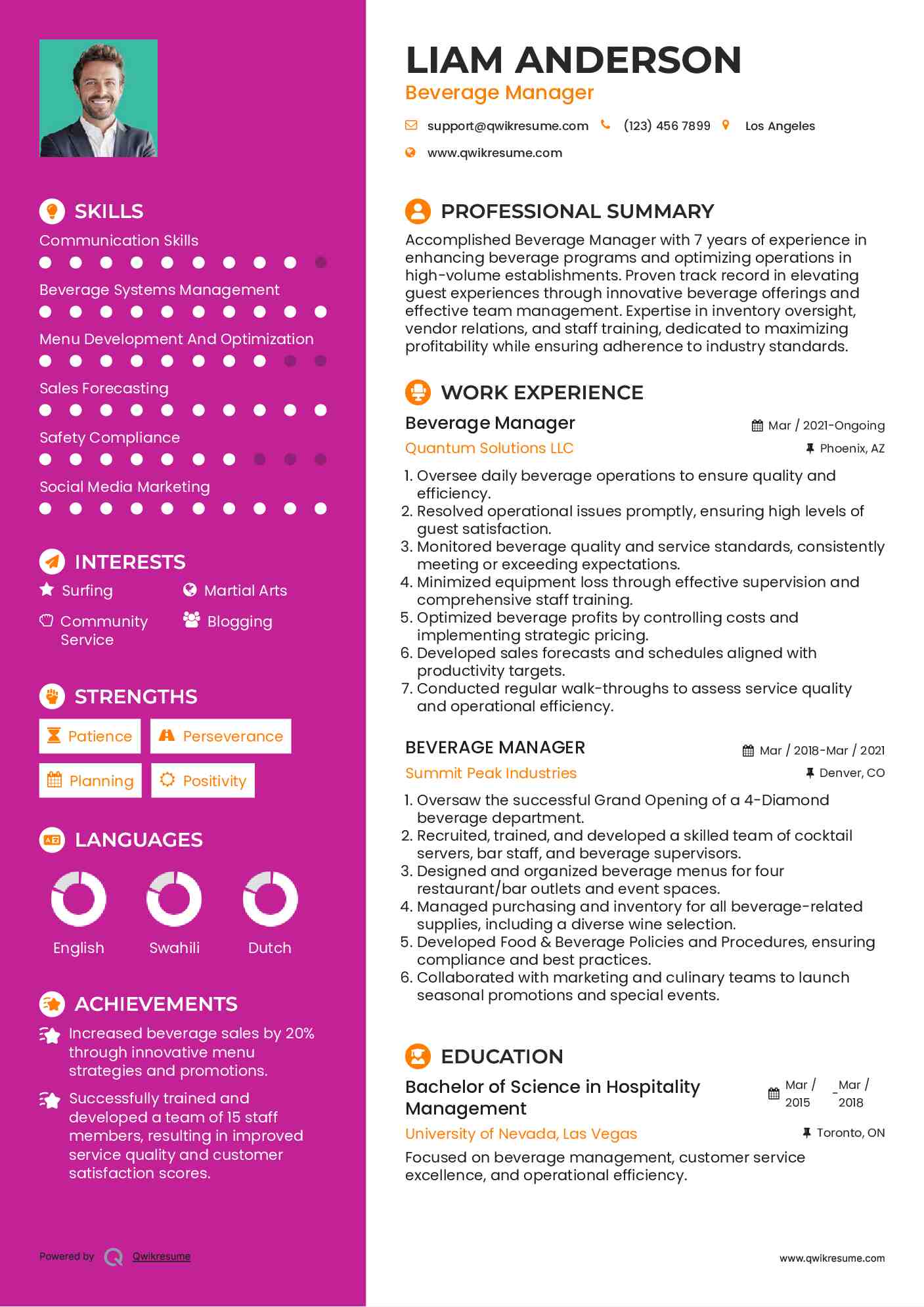 Beverage Manager Resume Sample