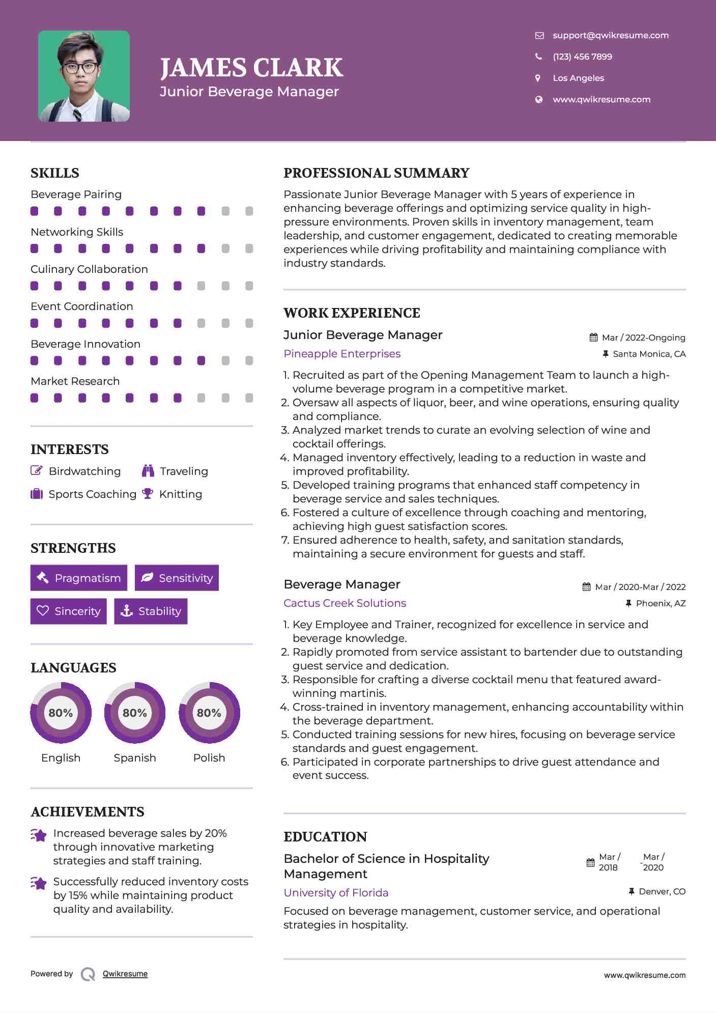 Junior Beverage Manager Resume Model