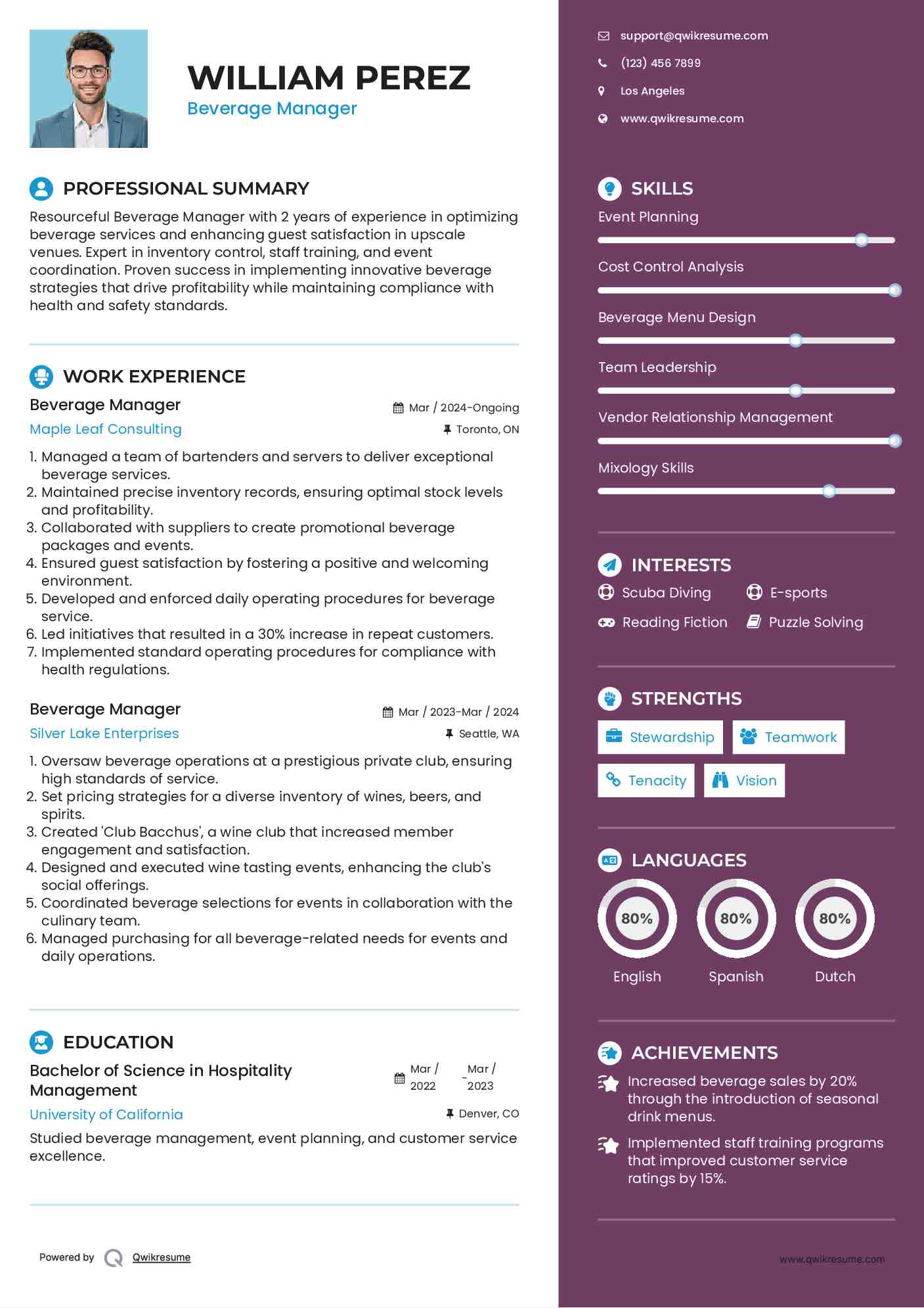 Beverage Manager Resume Format