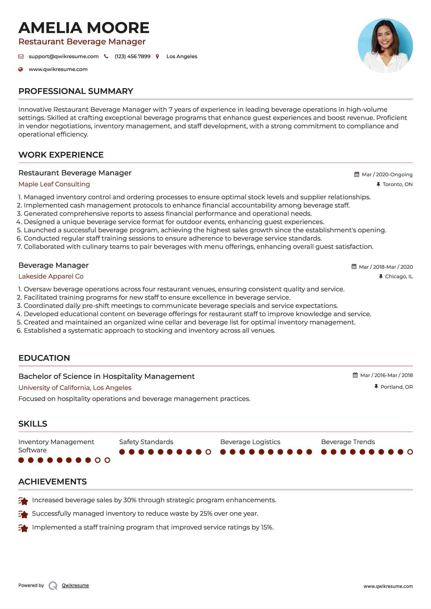 Restaurant Beverage Manager Resume Model