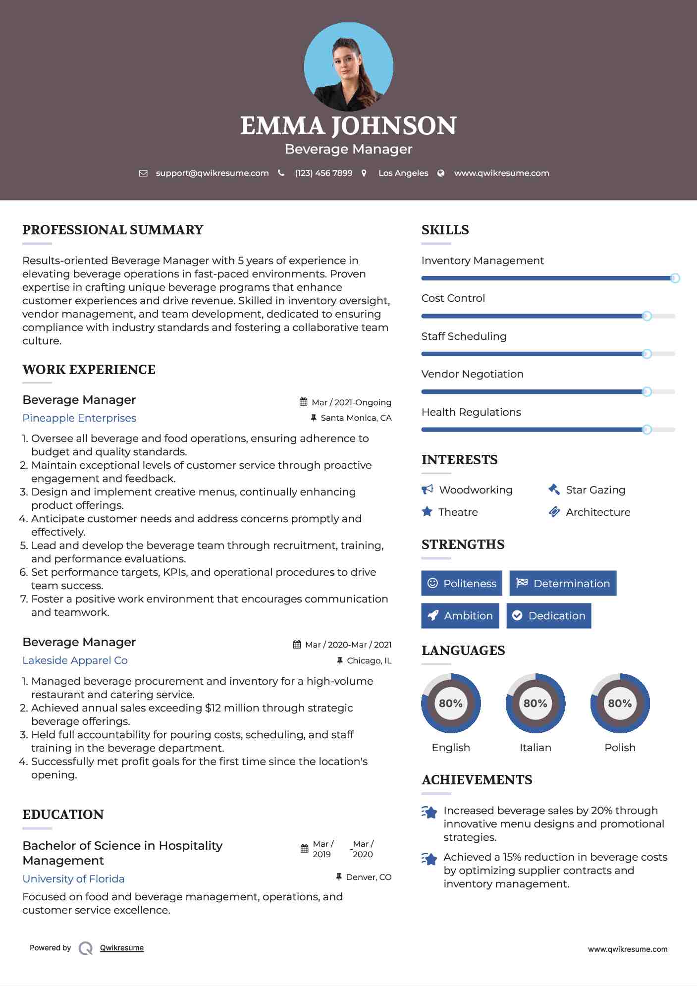 Beverage Manager Resume Template