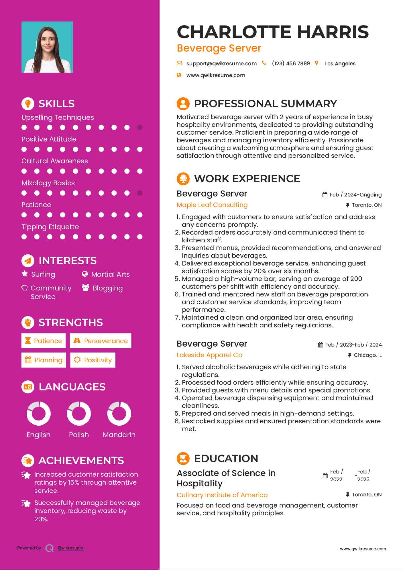 Beverage Server Resume Template