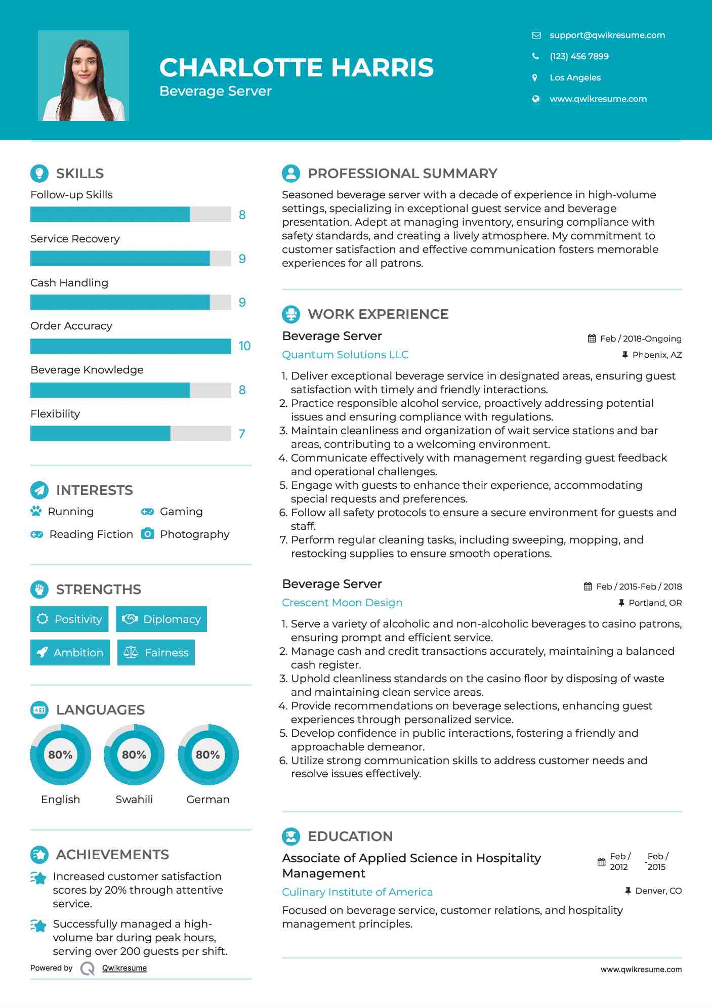 Beverage Server Resume Example