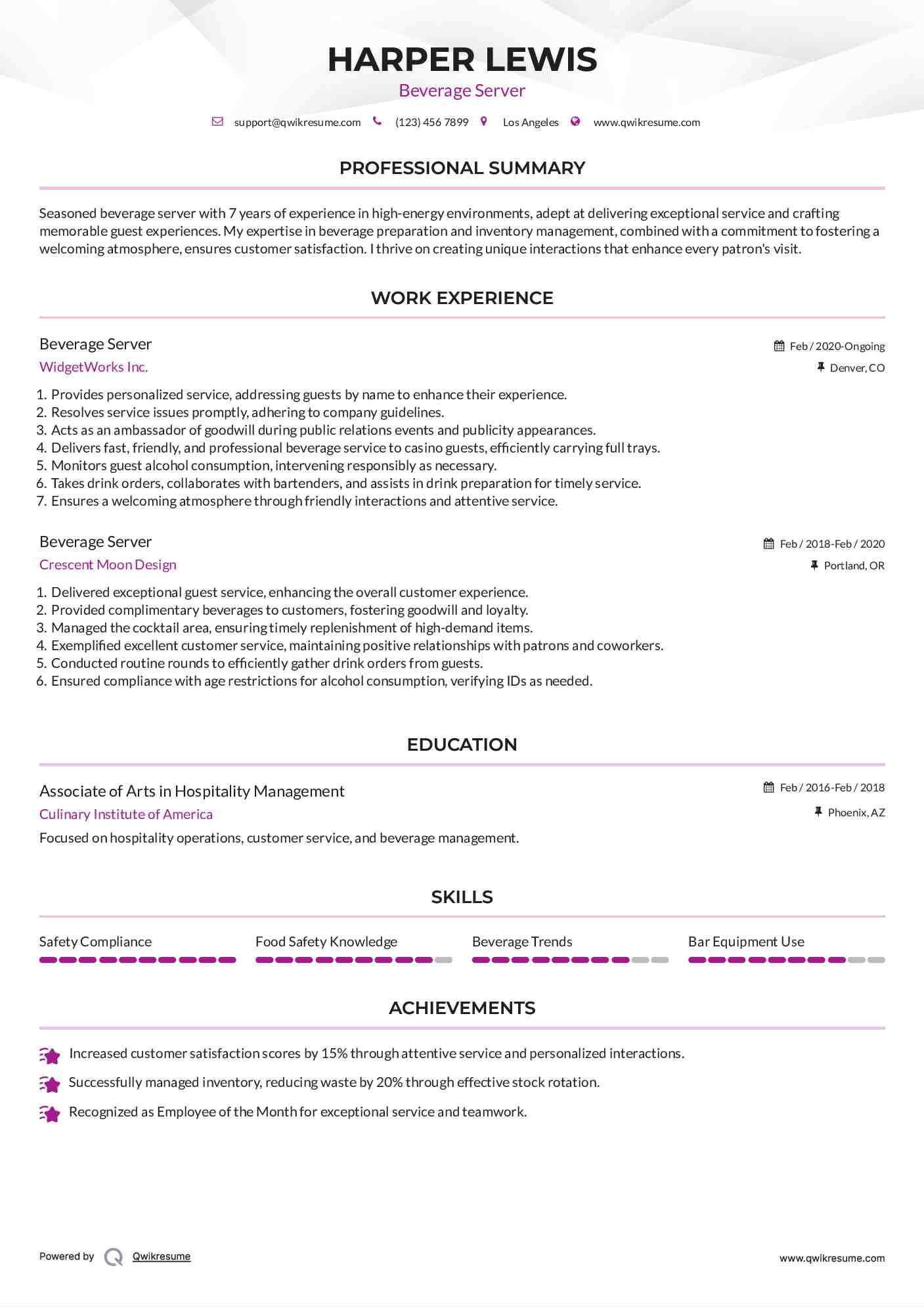 Beverage Server Resume Sample