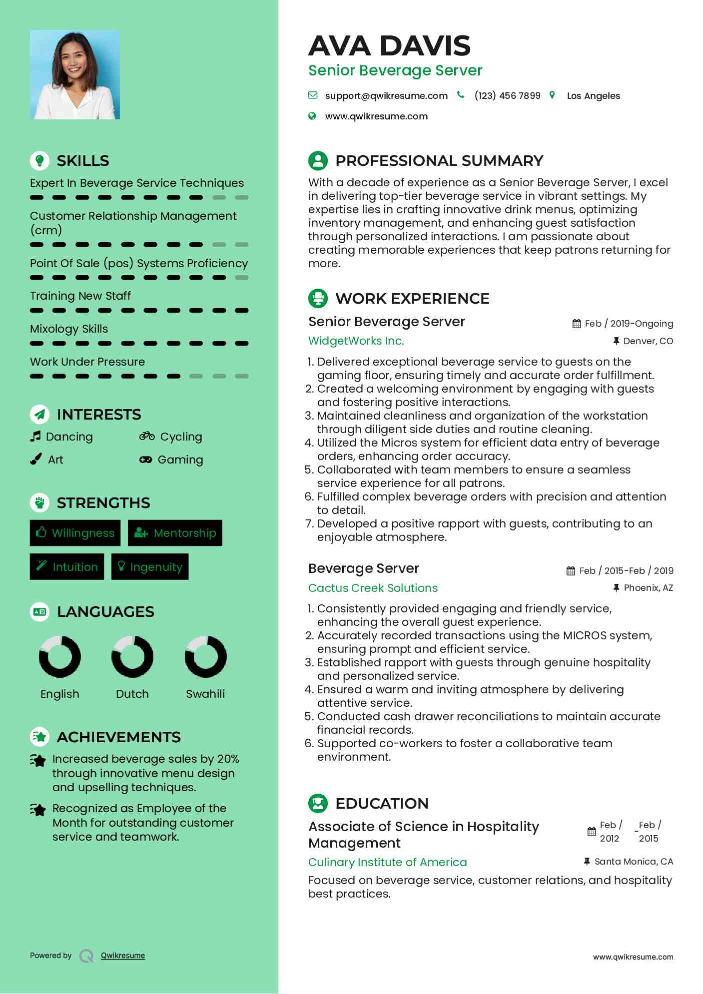 Senior Beverage Server  Resume Example