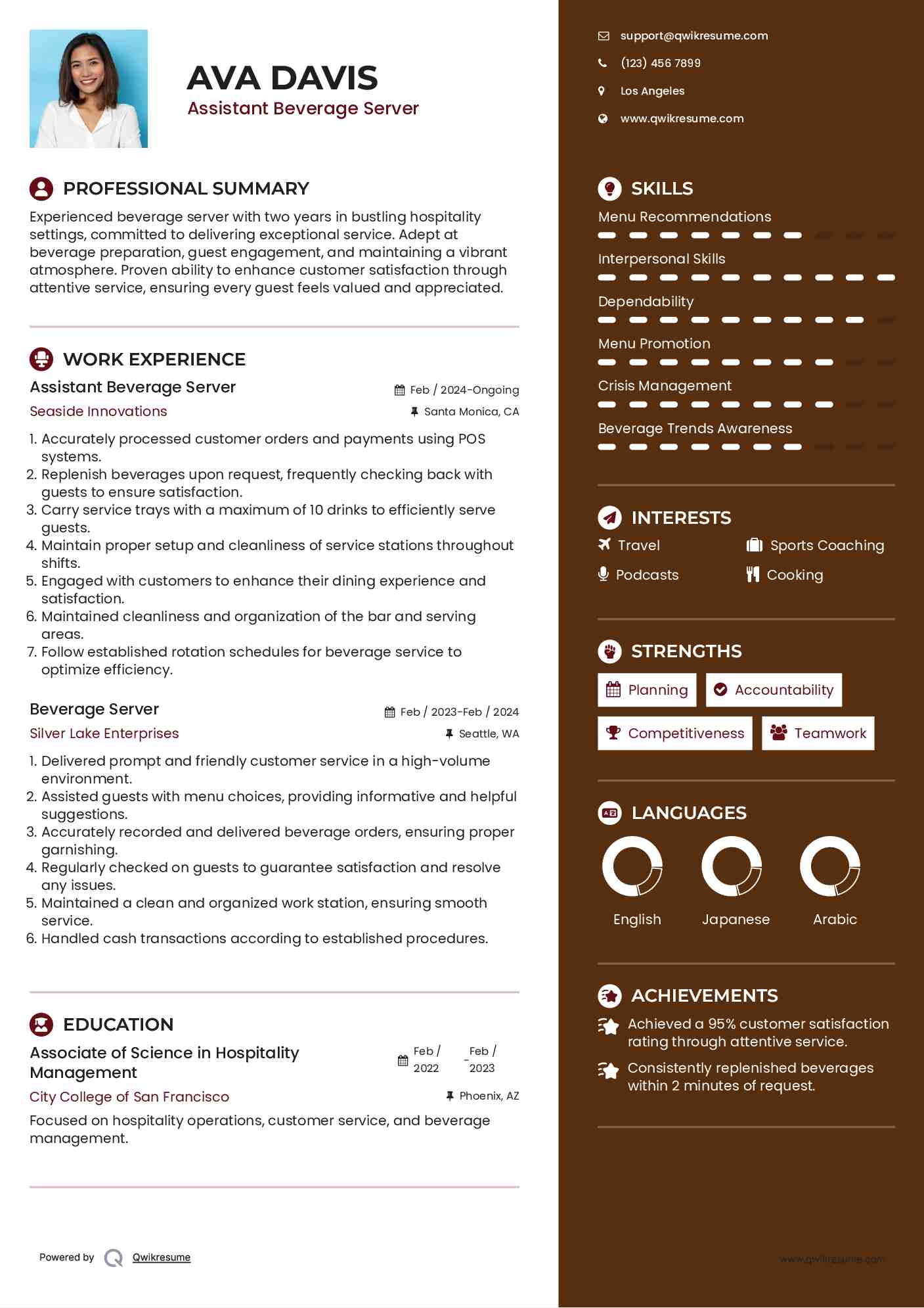 Assistant Beverage Server  Resume Sample