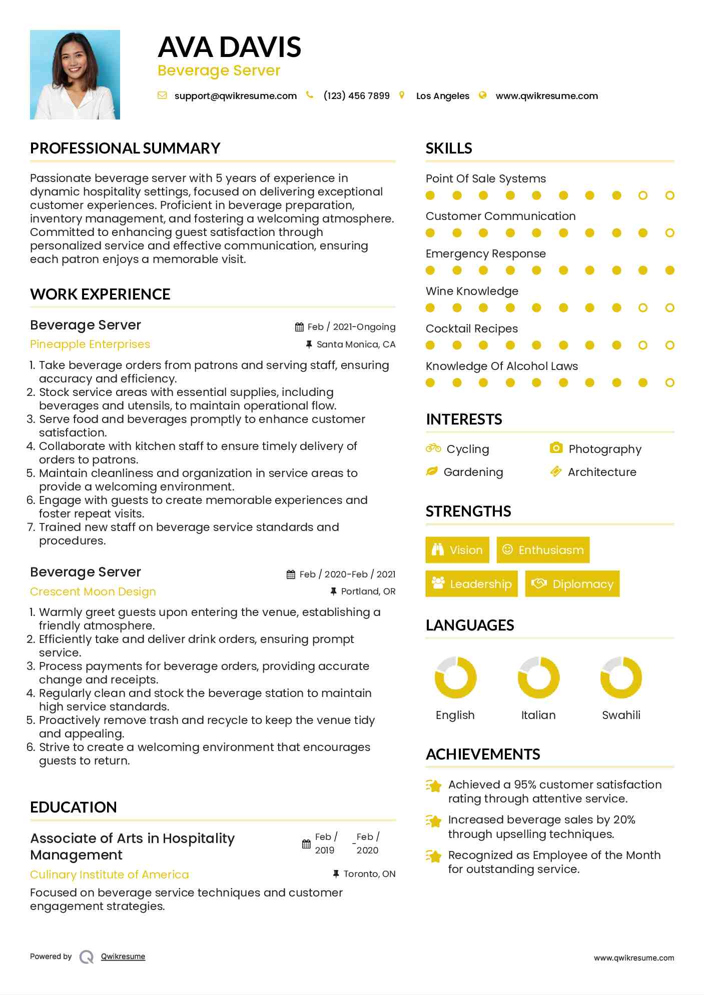 Beverage Server Resume Template