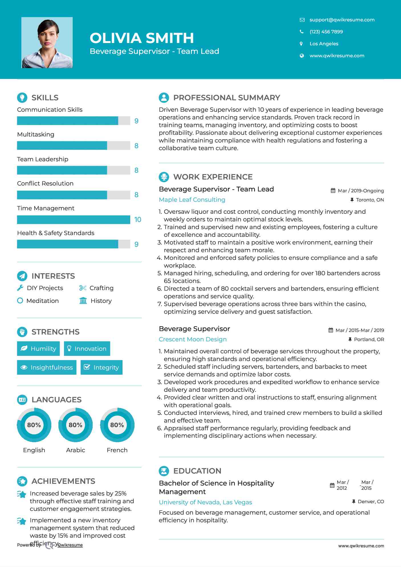 Beverage Supervisor - Team Lead Resume Example