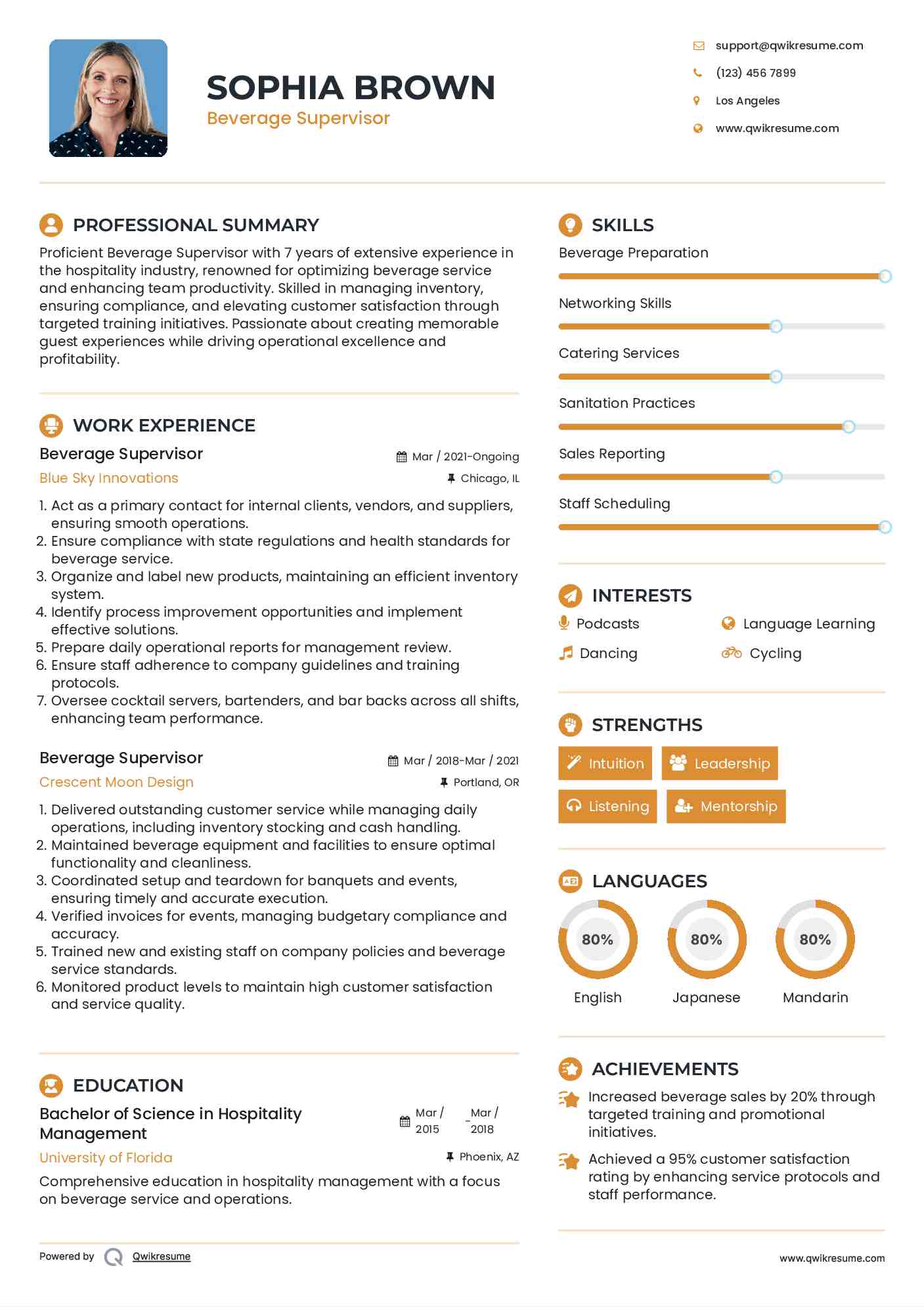 Beverage Supervisor Resume Format