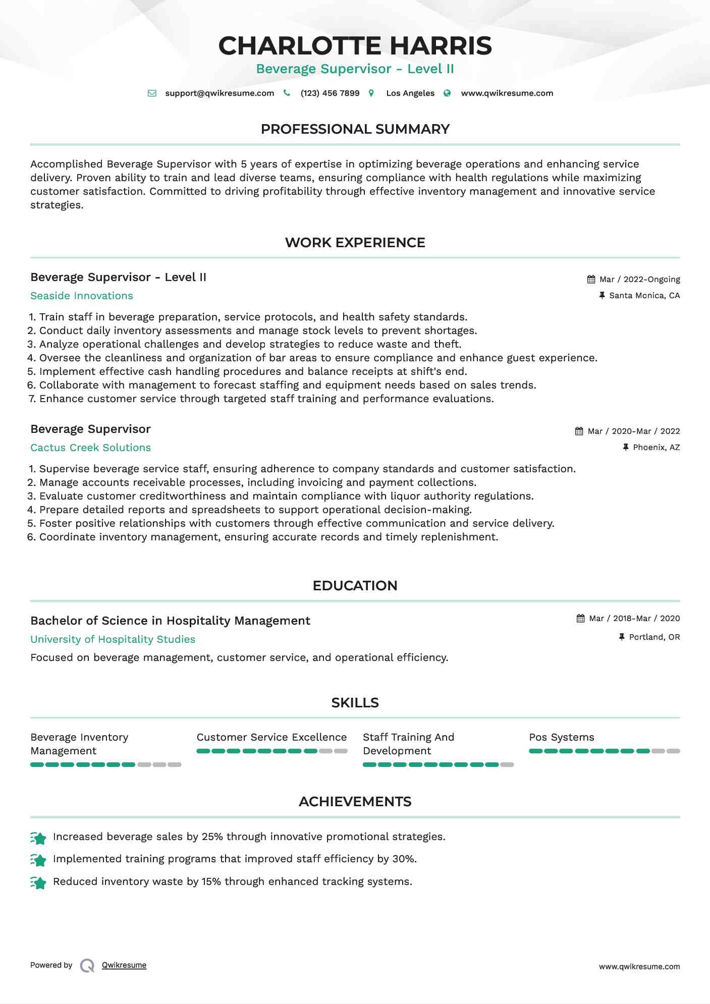 Beverage Supervisor - Level II Resume Format