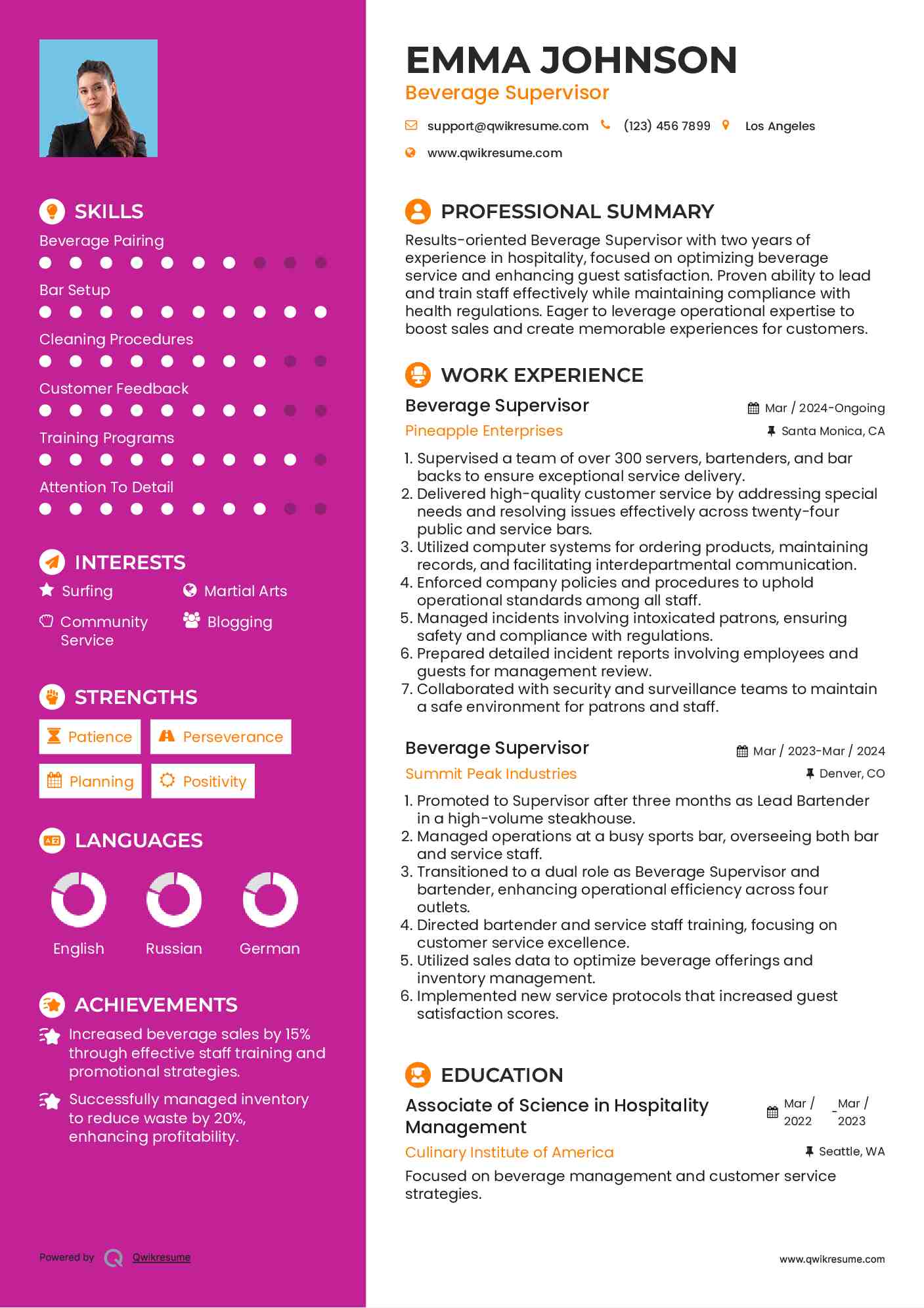 Beverage Supervisor Resume Example