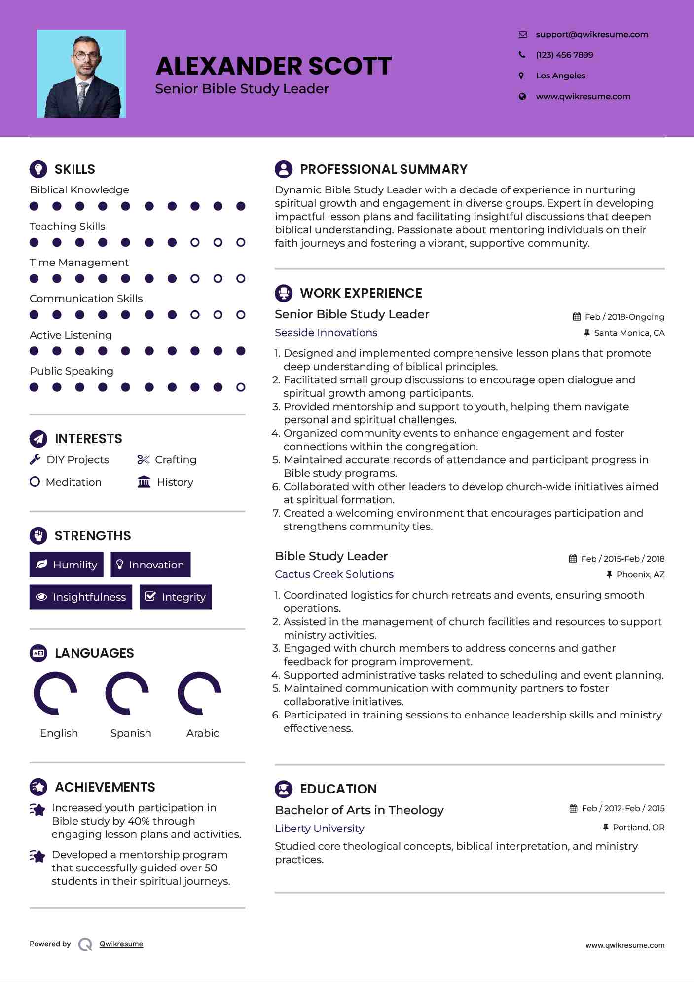 Senior Bible Study Leader  Resume Sample