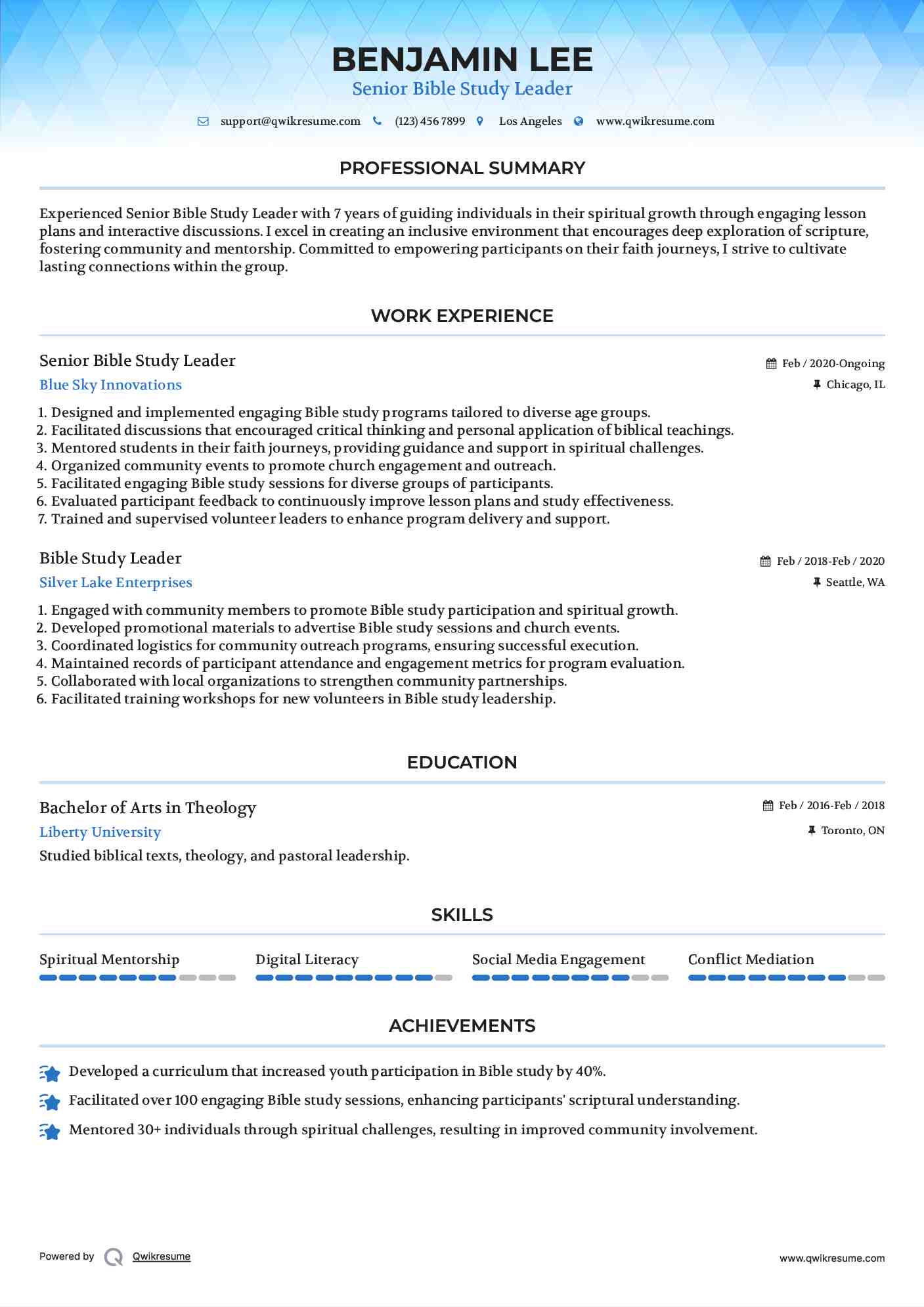 Senior Bible Study Leader Resume Template