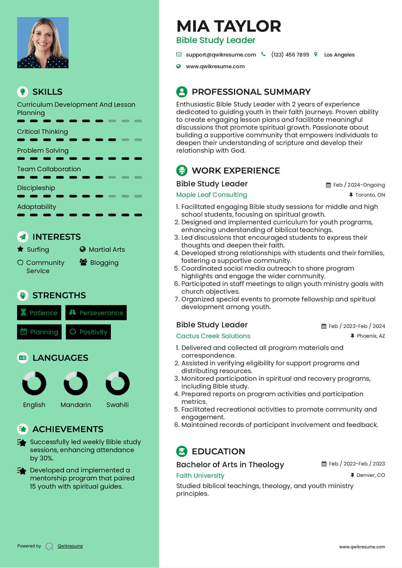 Bible Study Leader Resume Sample