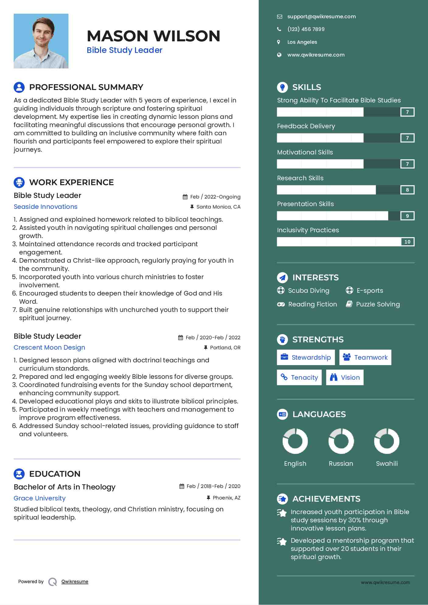 Bible Study Leader Resume Format