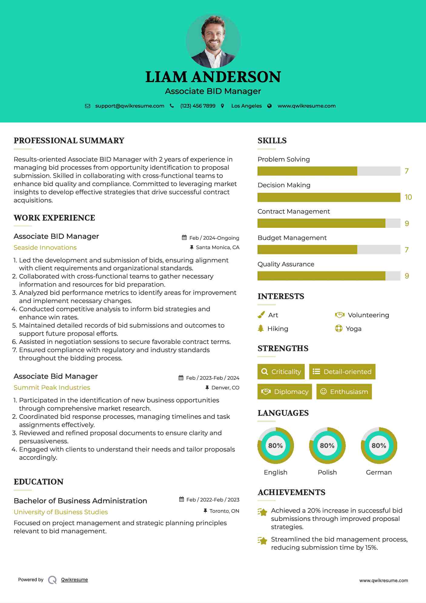 Associate BID Manager  Resume Format