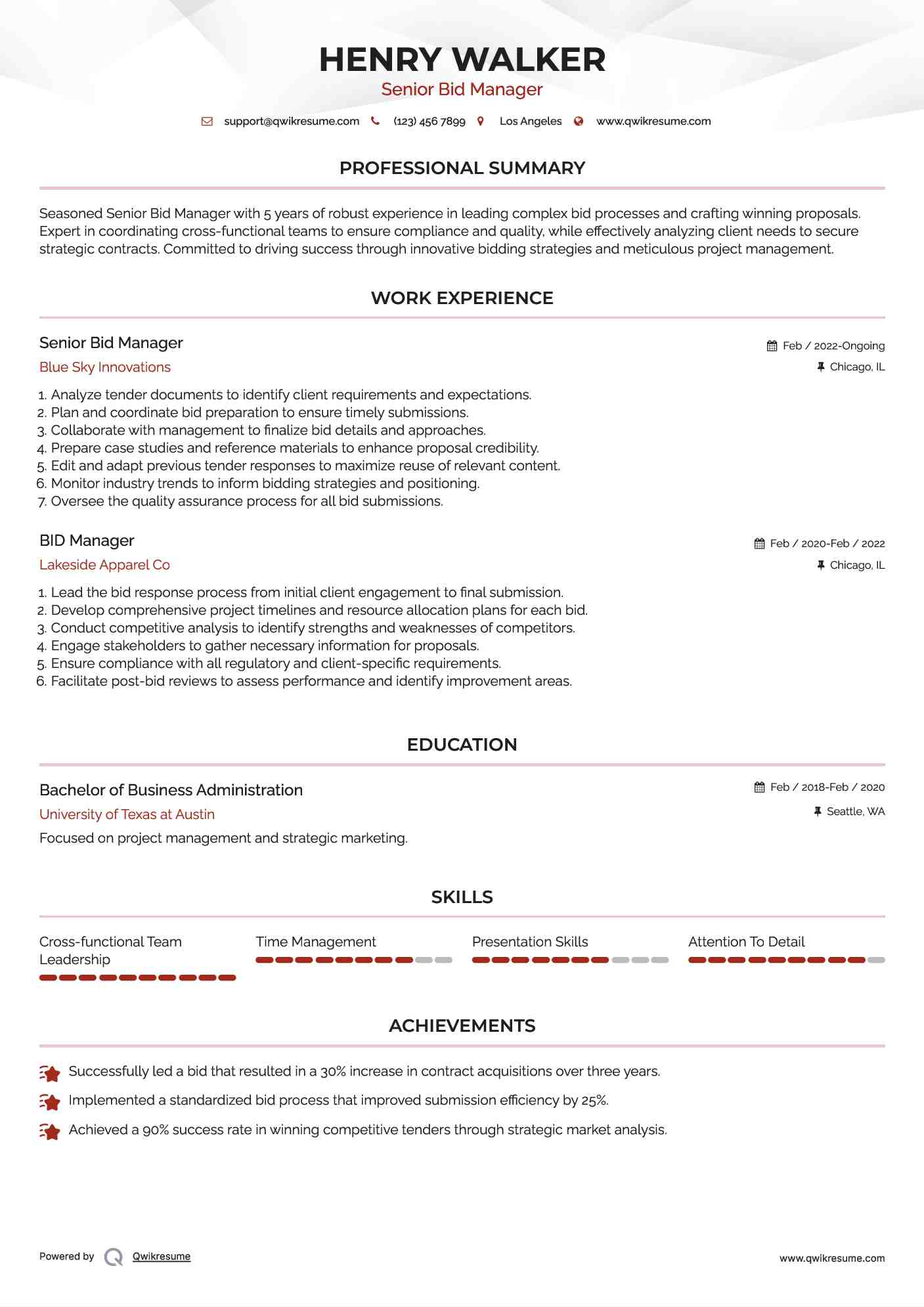 Senior Bid Manager Resume Model
