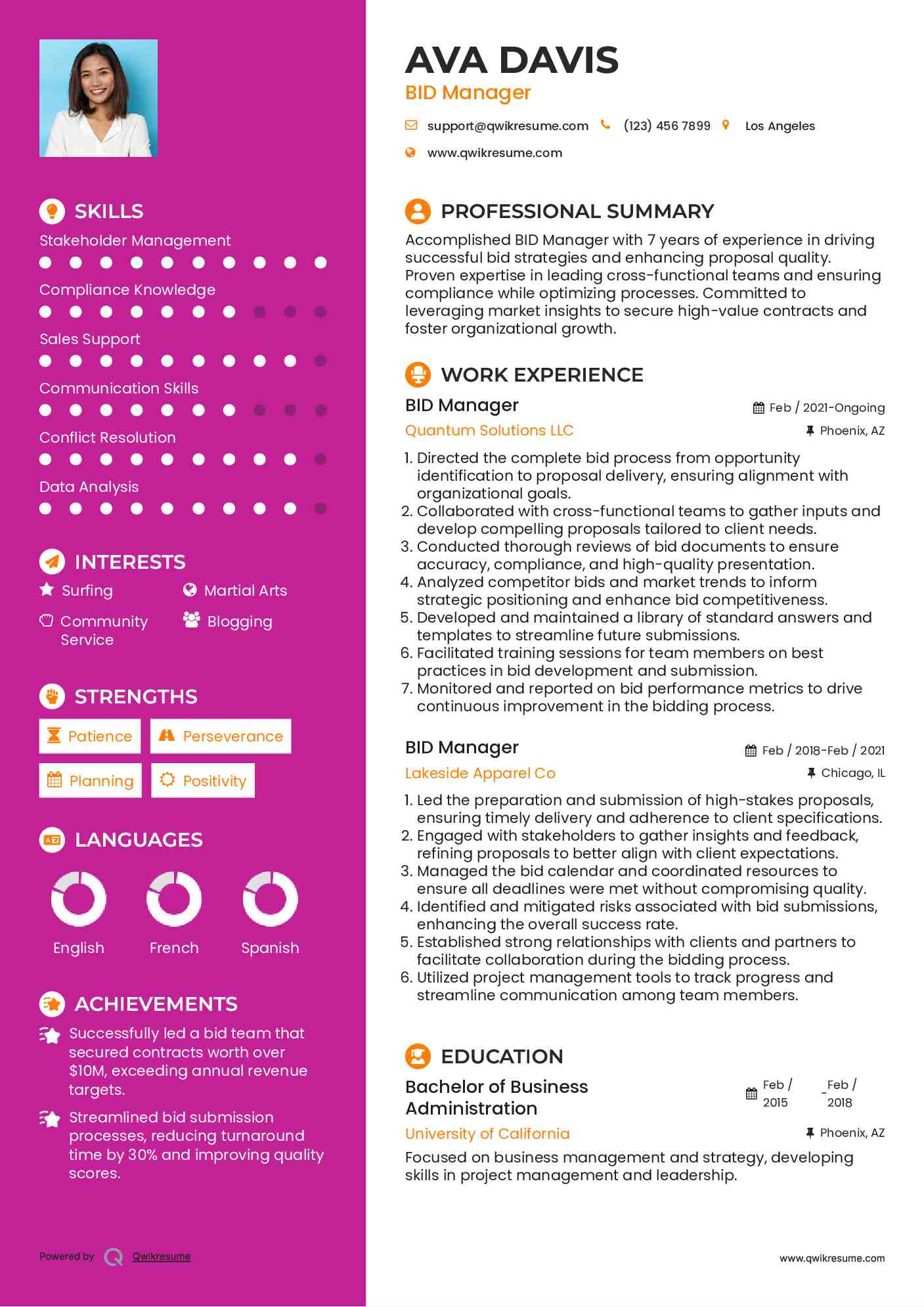 BID Manager Resume Model