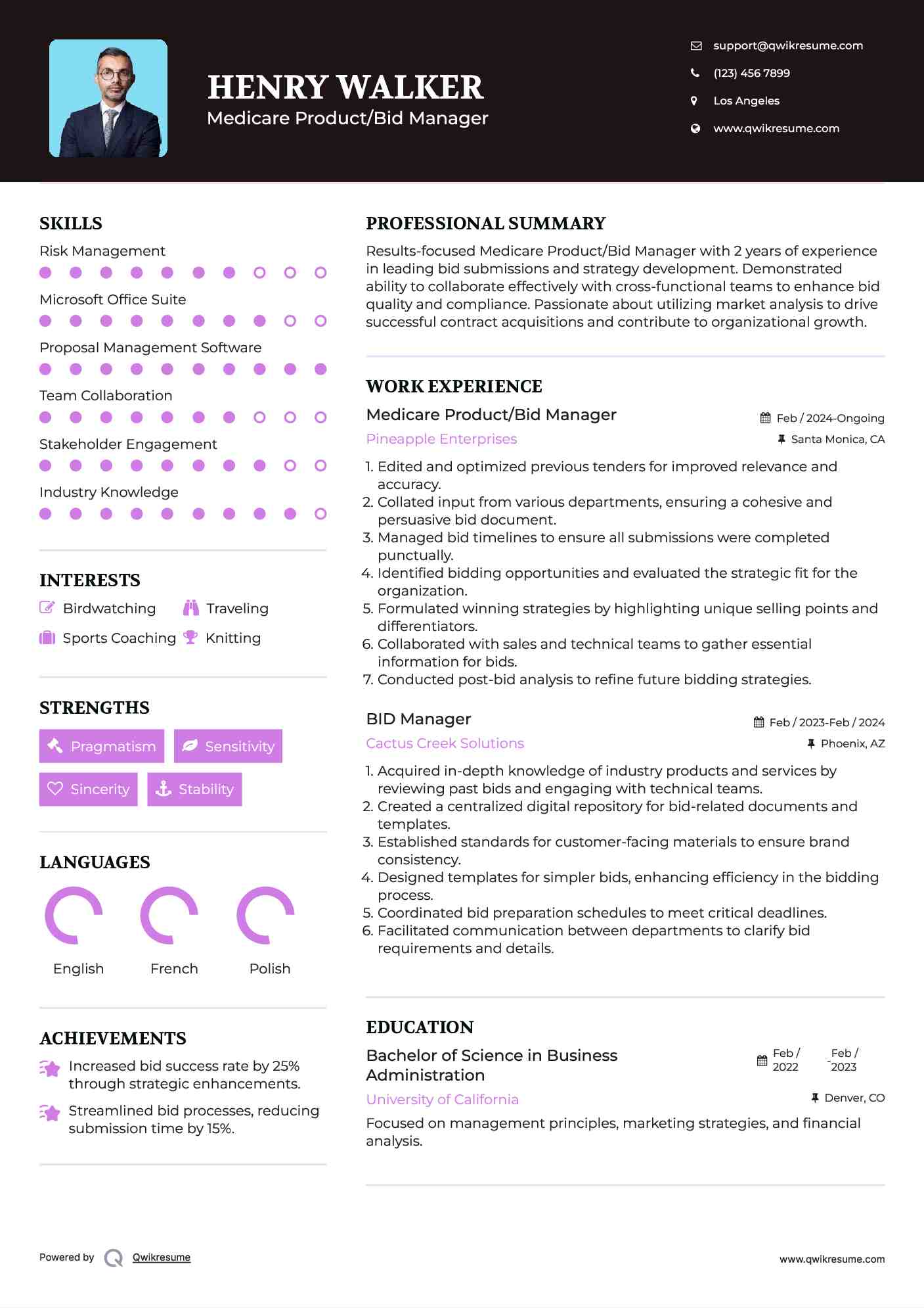 Medicare Product/Bid Manager Resume Example