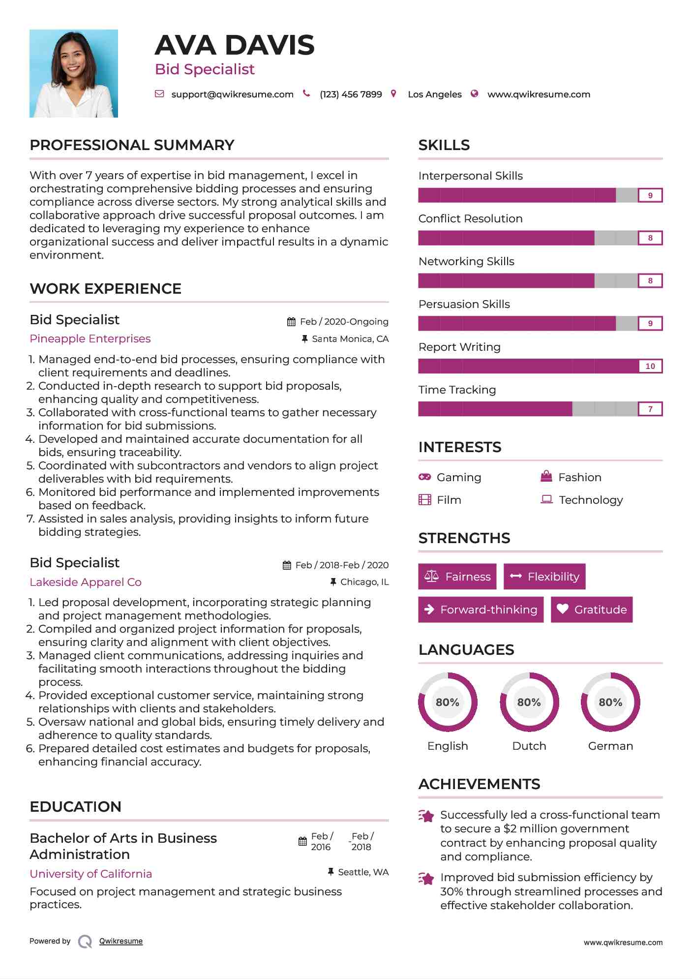 Bid Specialist Resume Sample