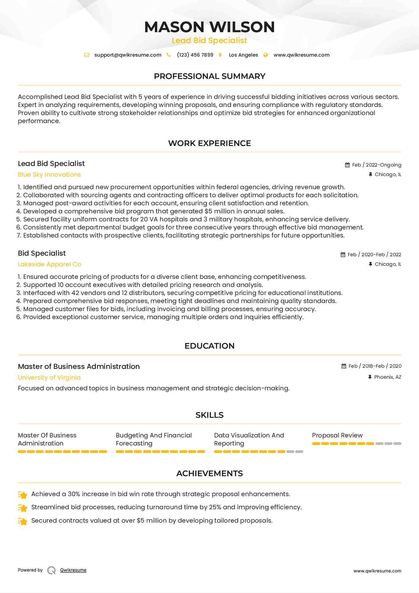 Lead Bid Specialist  Resume Model