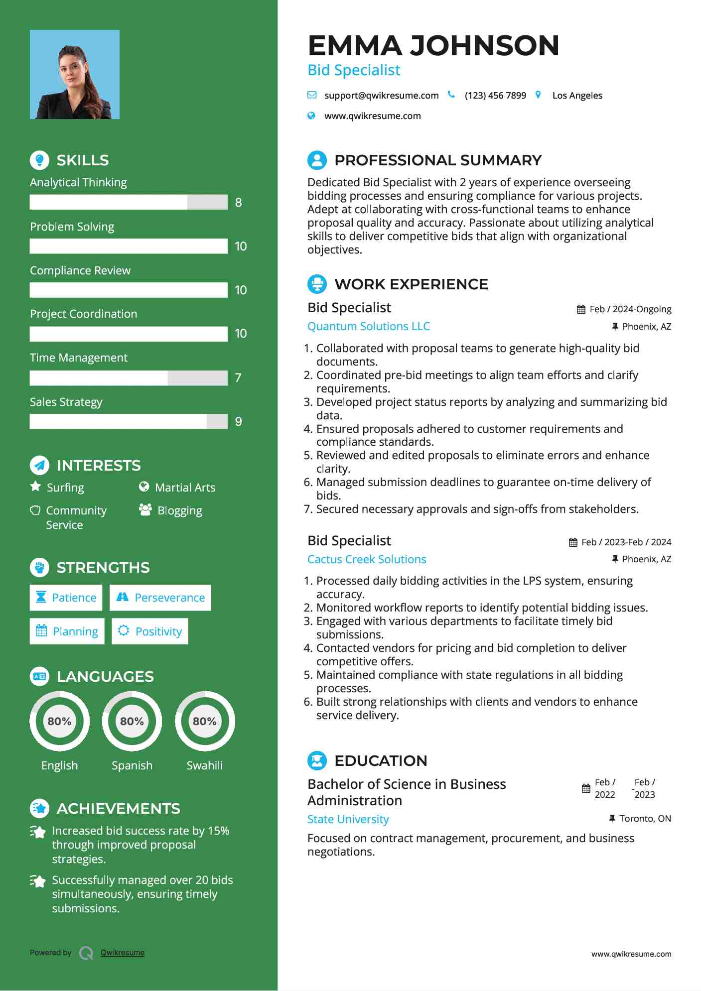 Bid Specialist Resume Model