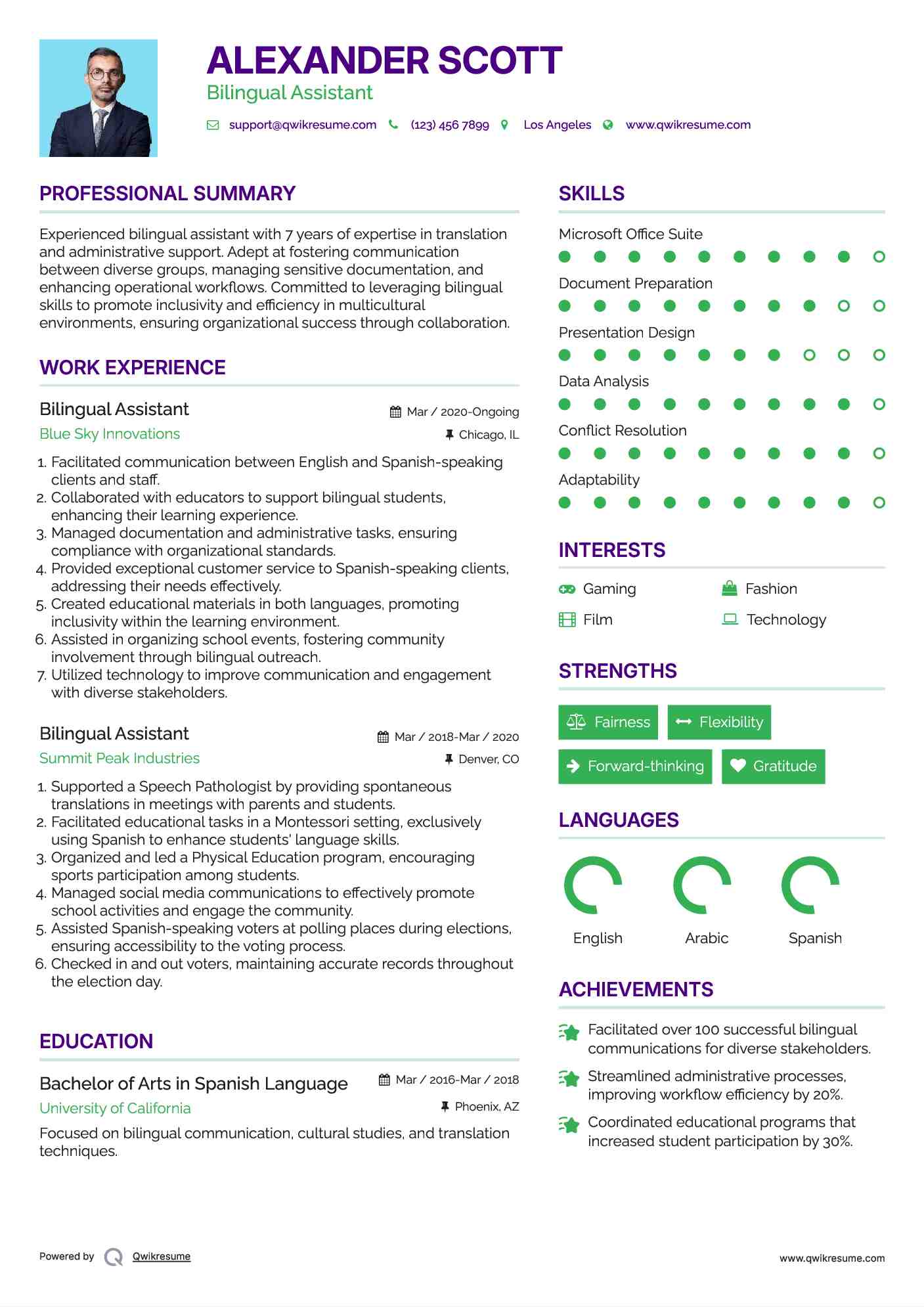 Bilingual Assistant Resume Example