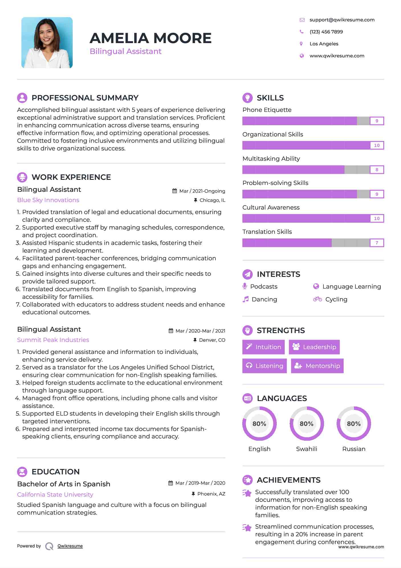 Bilingual Assistant Resume Sample