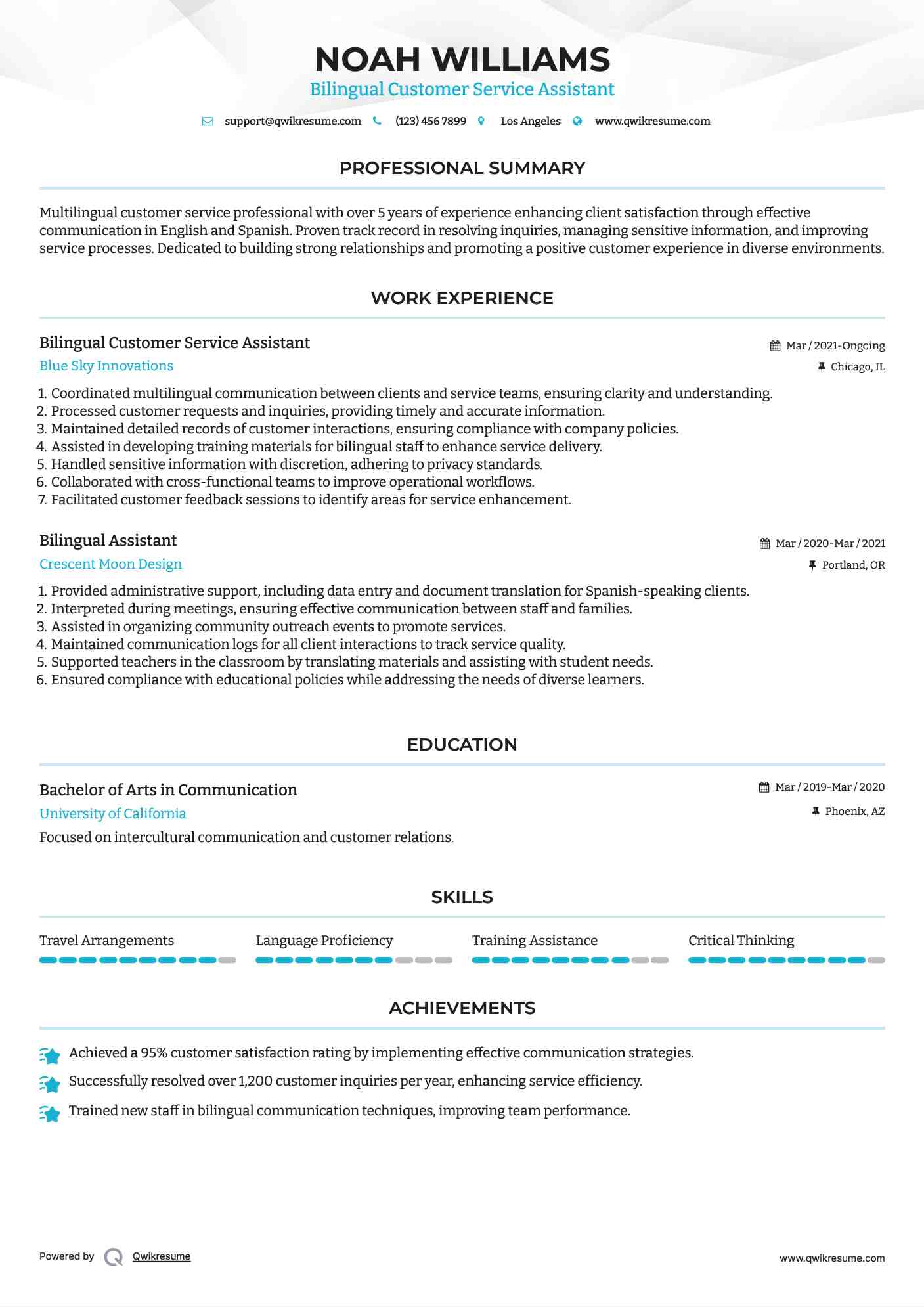 Bilingual Customer Service Assistant Resume Template
