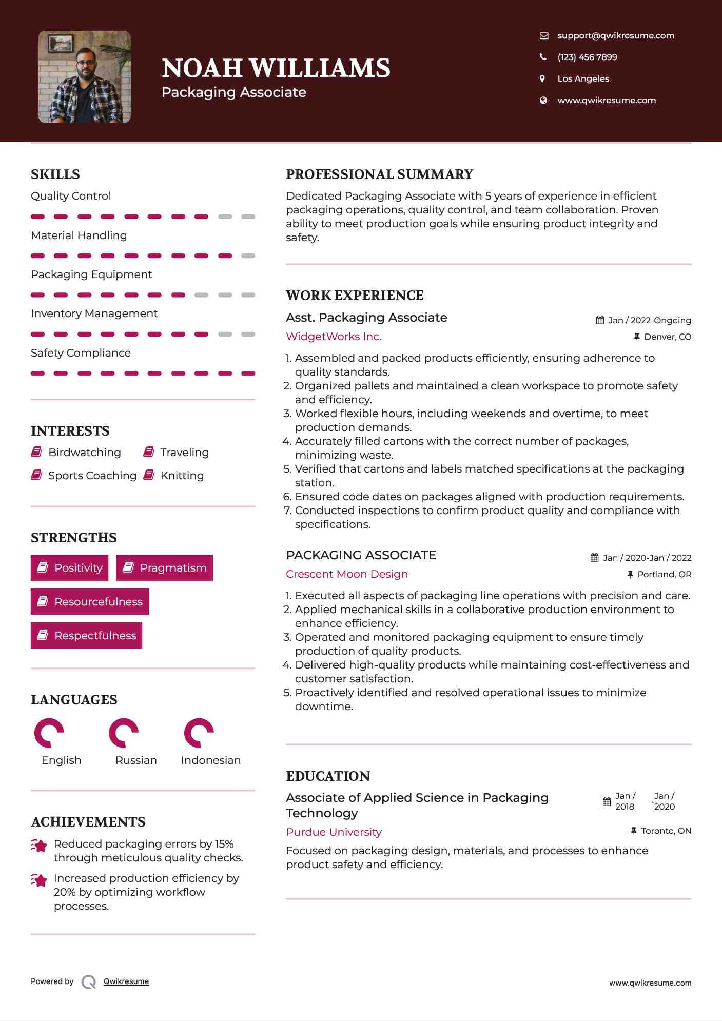 Asst. Packaging Associate Resume Example