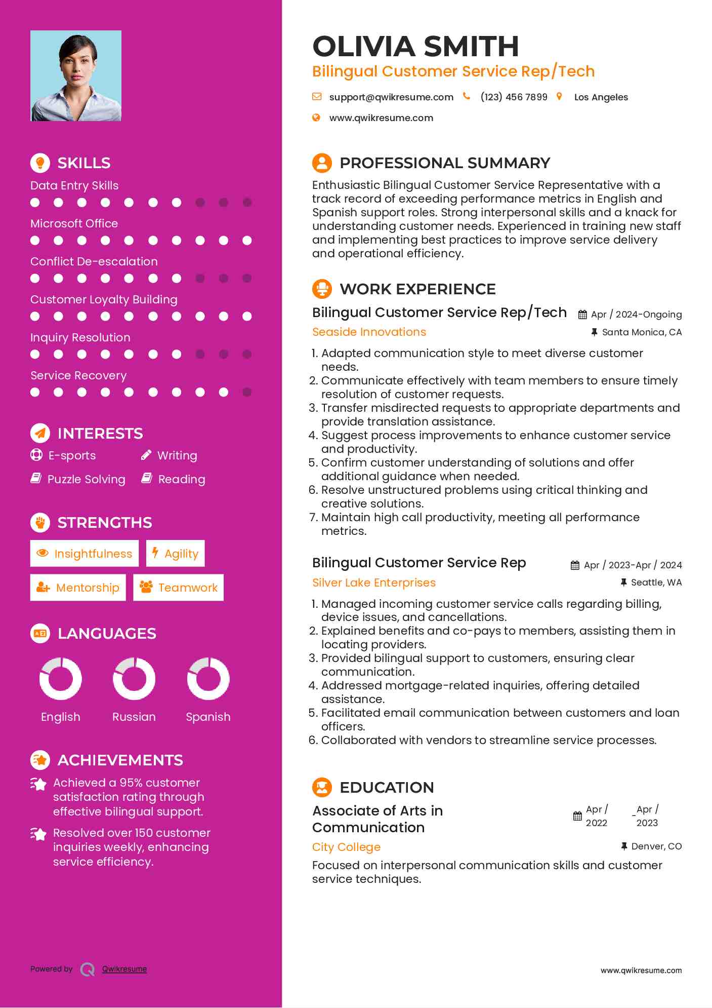 Bilingual Customer Service Rep/Tech Resume Model