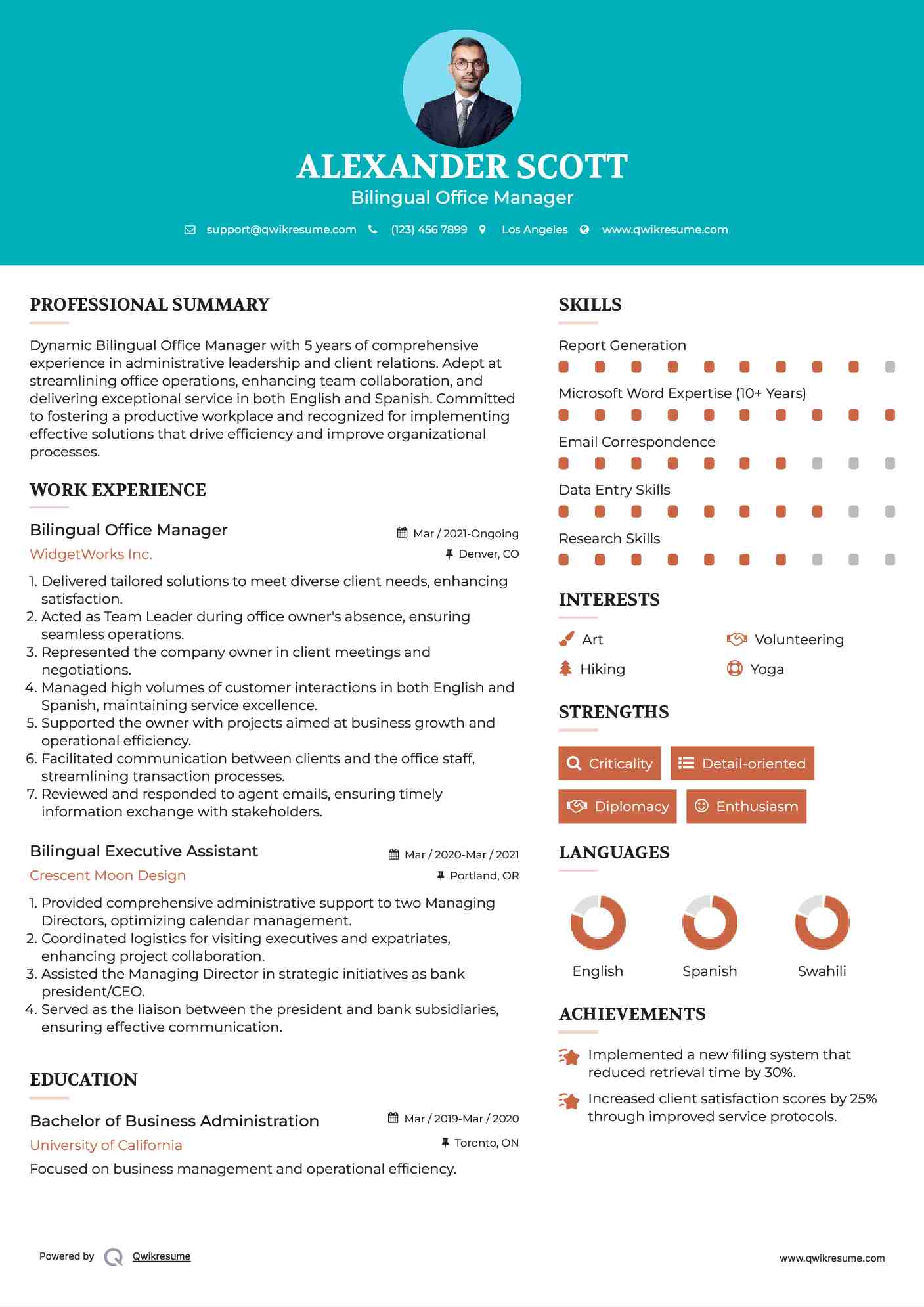 Bilingual Office Manager Resume Model