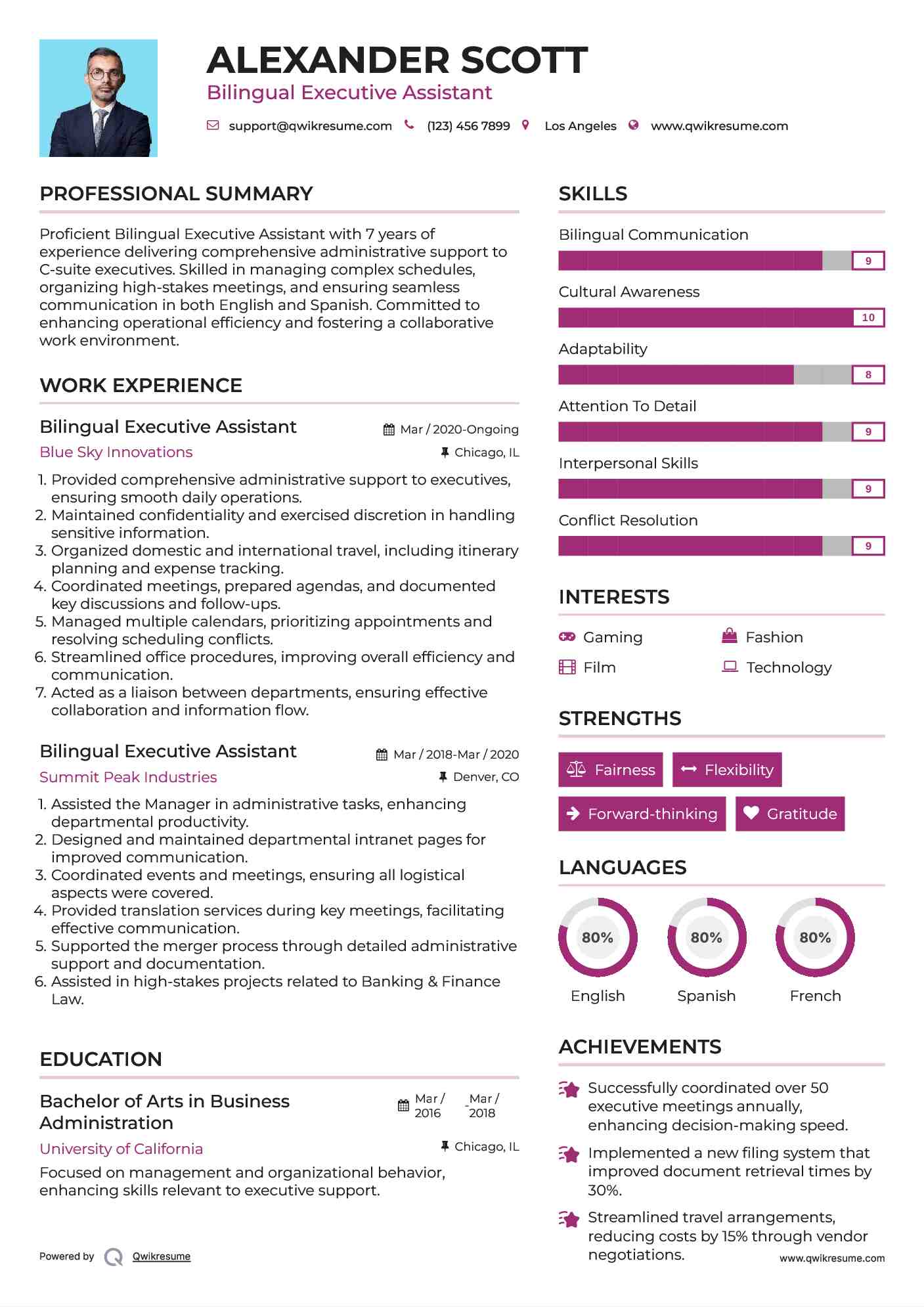 Bilingual Executive Assistant Resume Sample