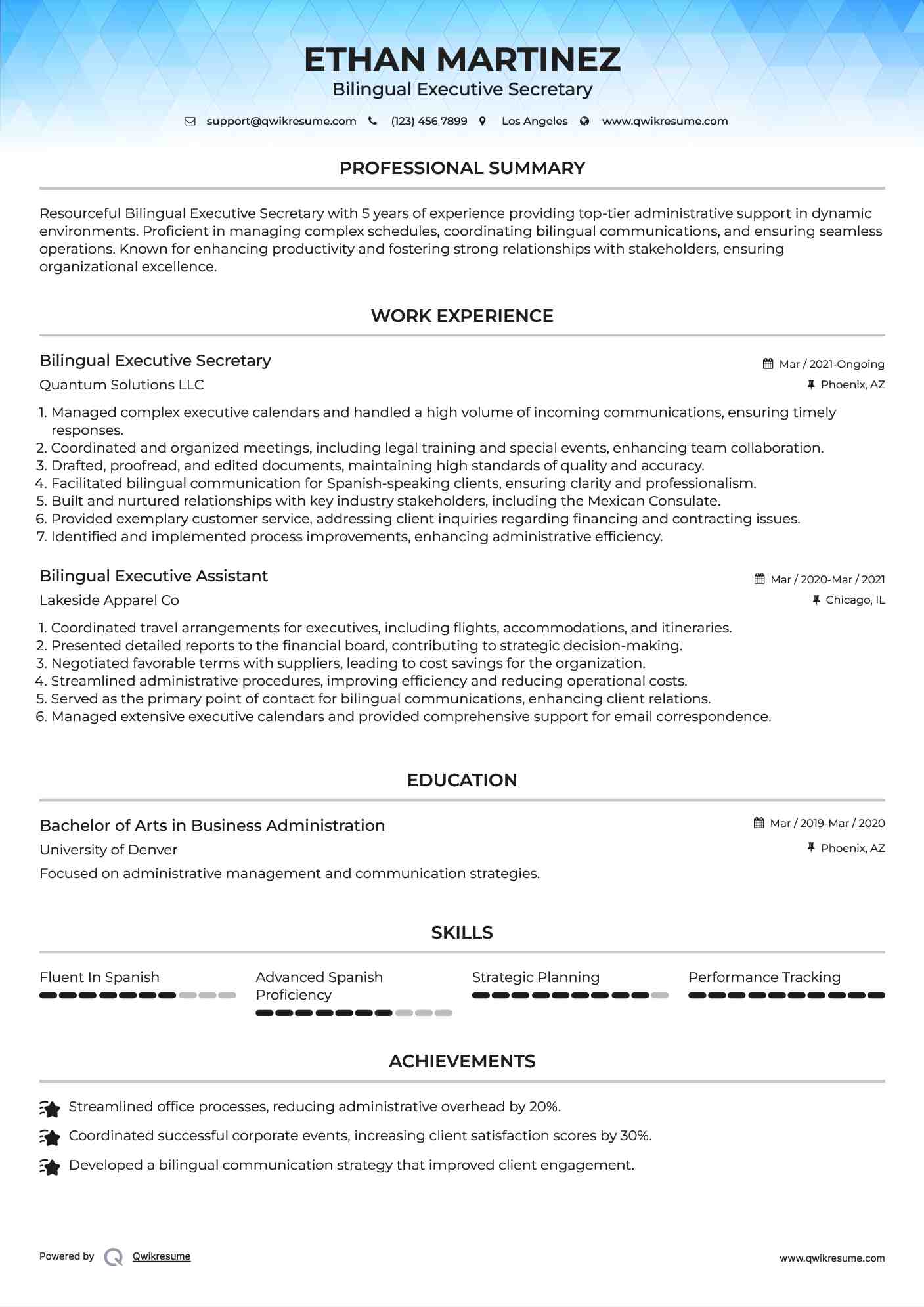 Bilingual Executive Secretary Resume Format