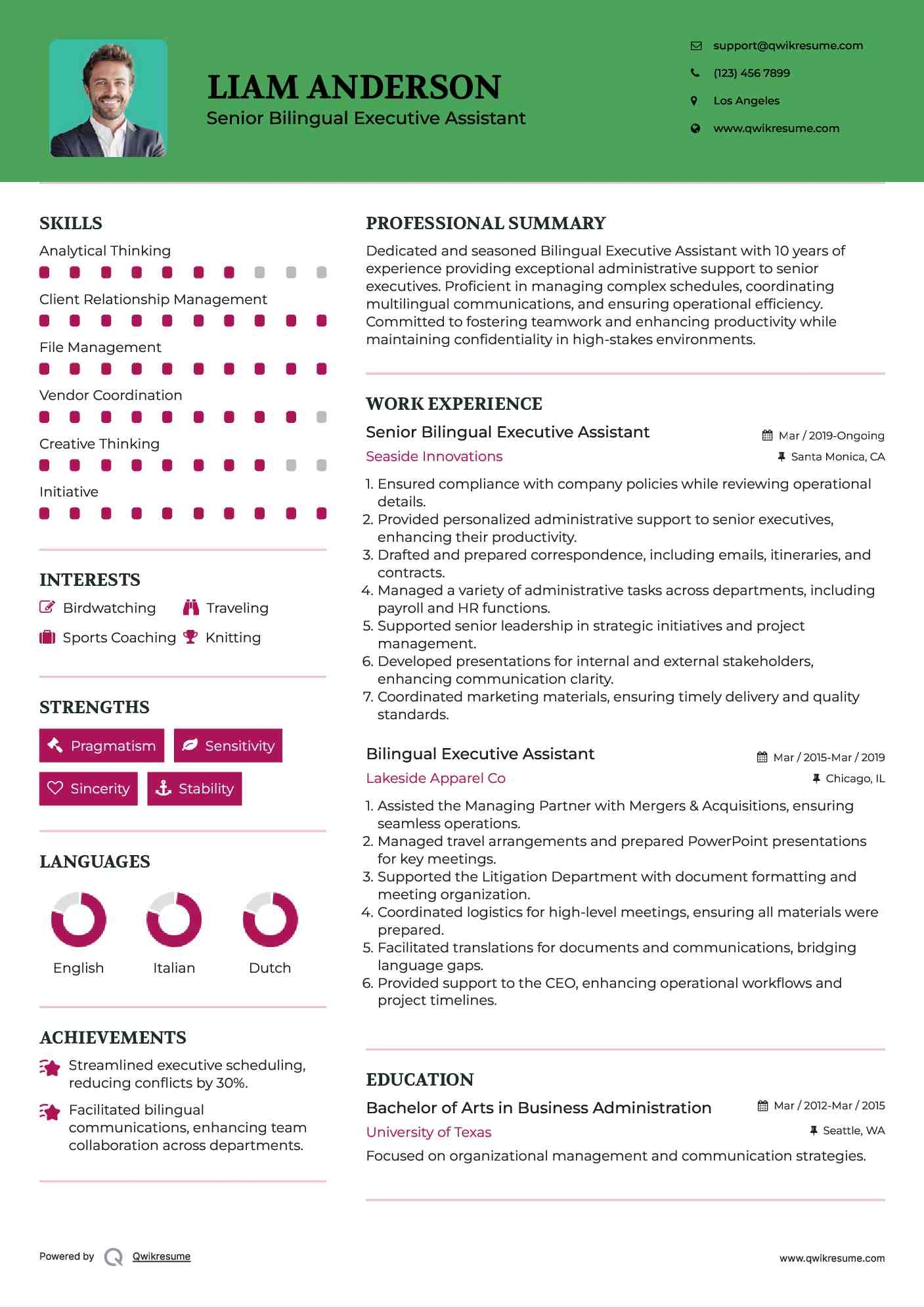 Senior Bilingual Executive Assistant Resume Template