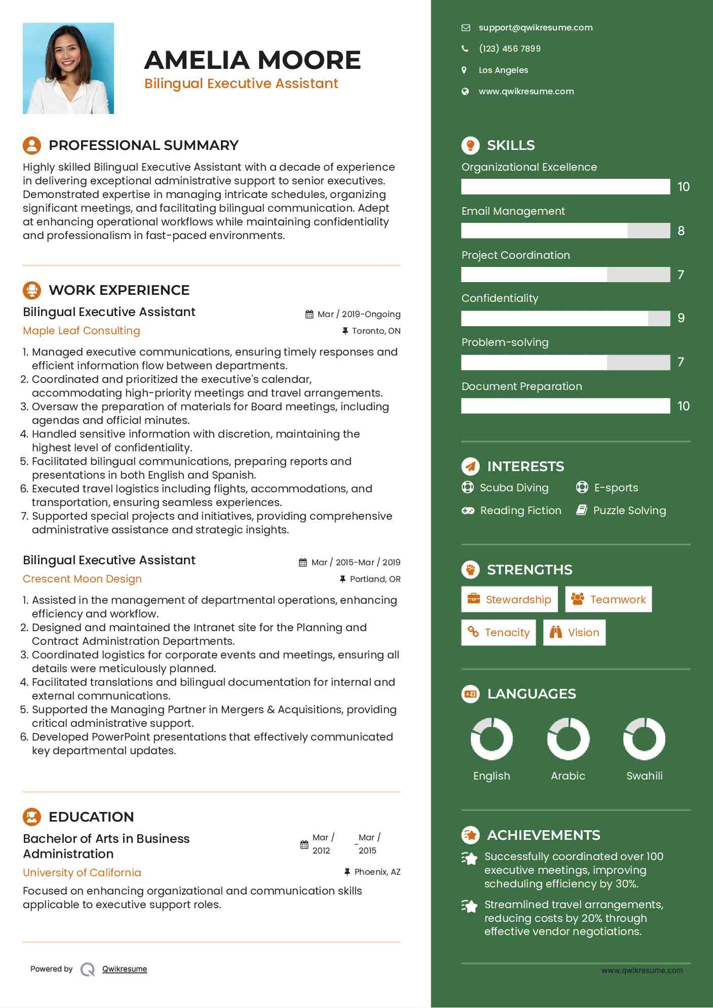 Bilingual Executive Assistant Resume Example