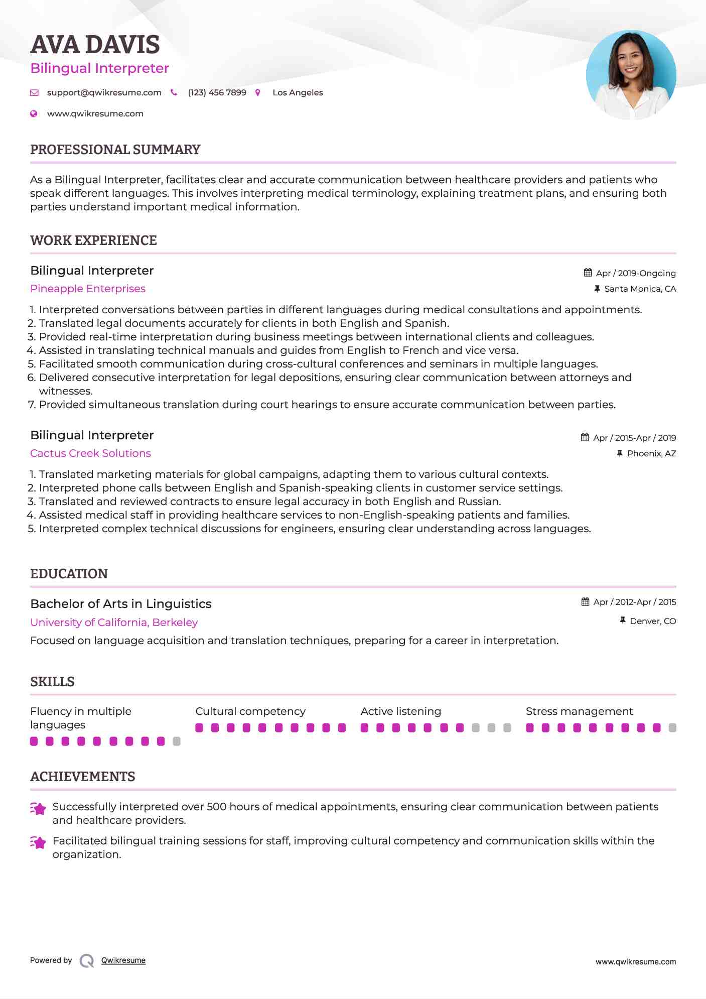 Bilingual Interpreter Resume Example