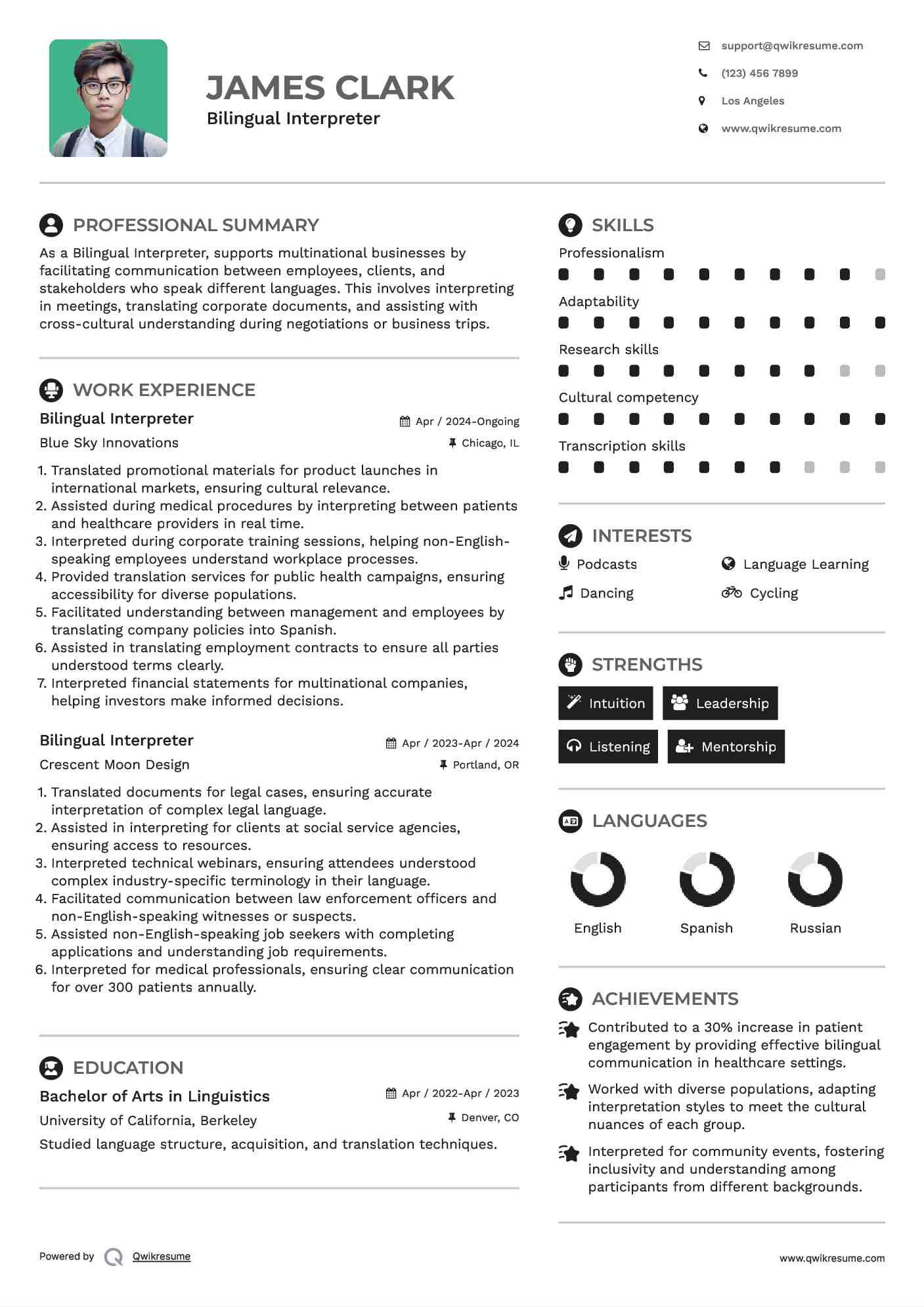 Bilingual Interpreter Resume Example