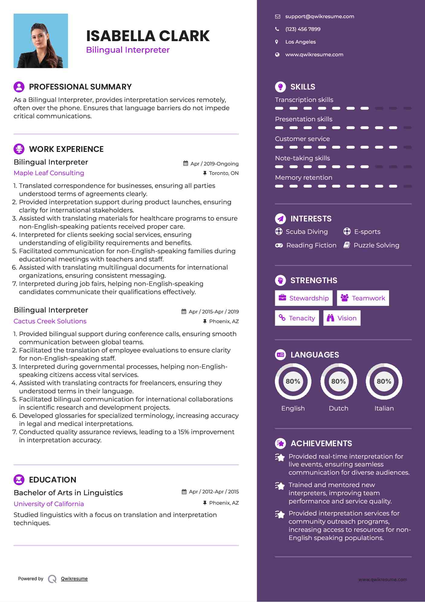 Bilingual Interpreter Resume Sample