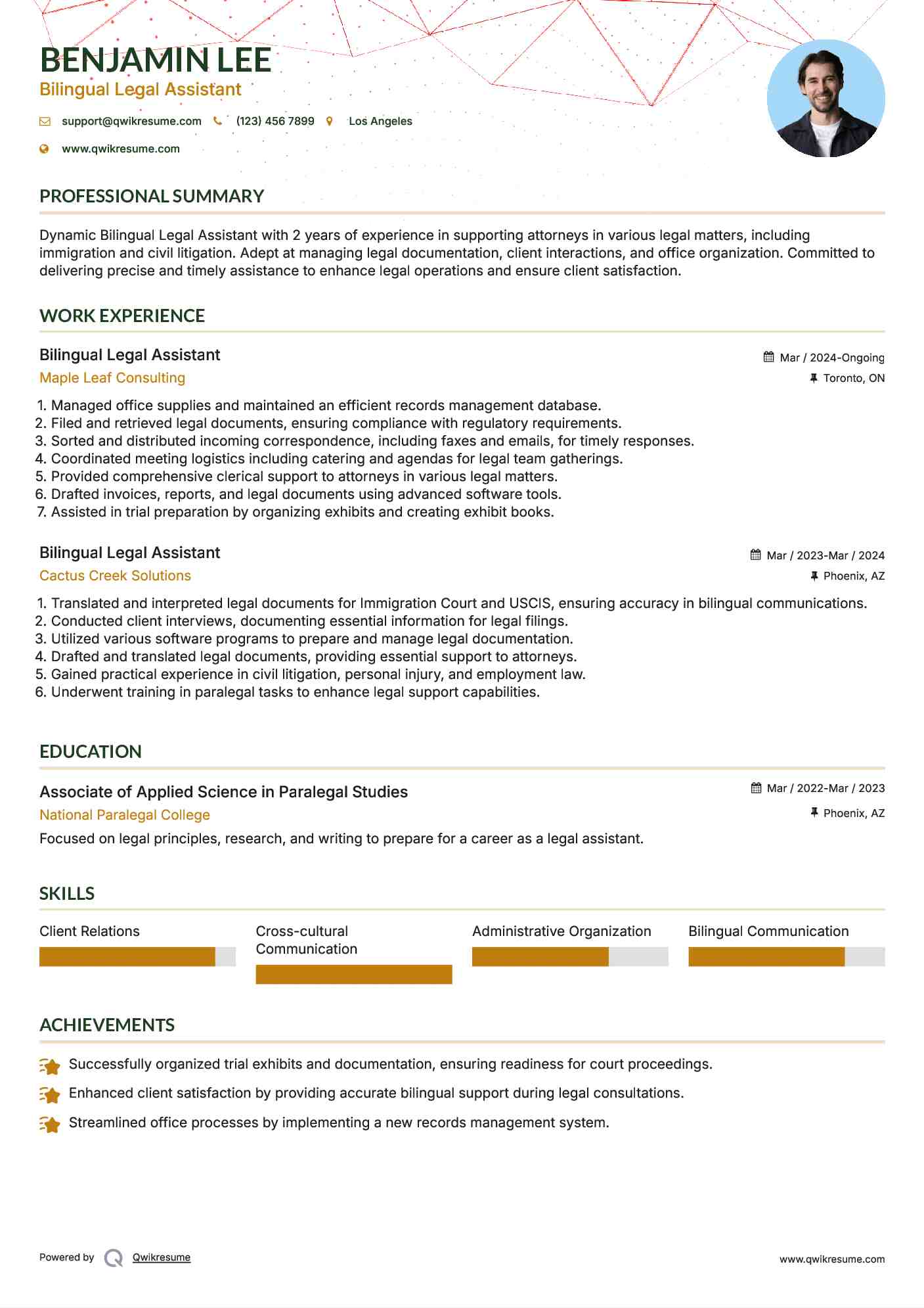 Bilingual Legal Assistant Resume Sample