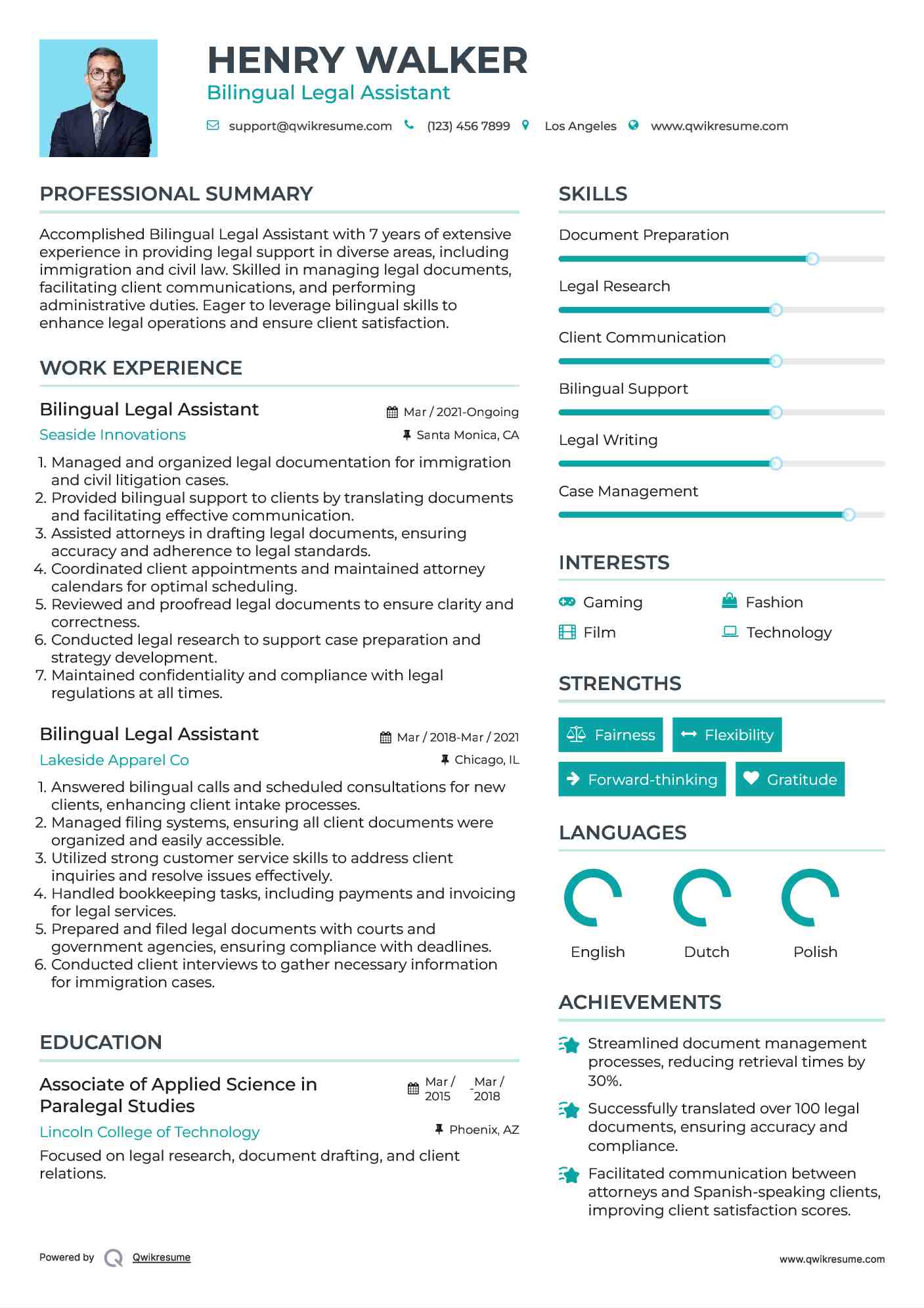 Bilingual Legal Assistant Resume Sample