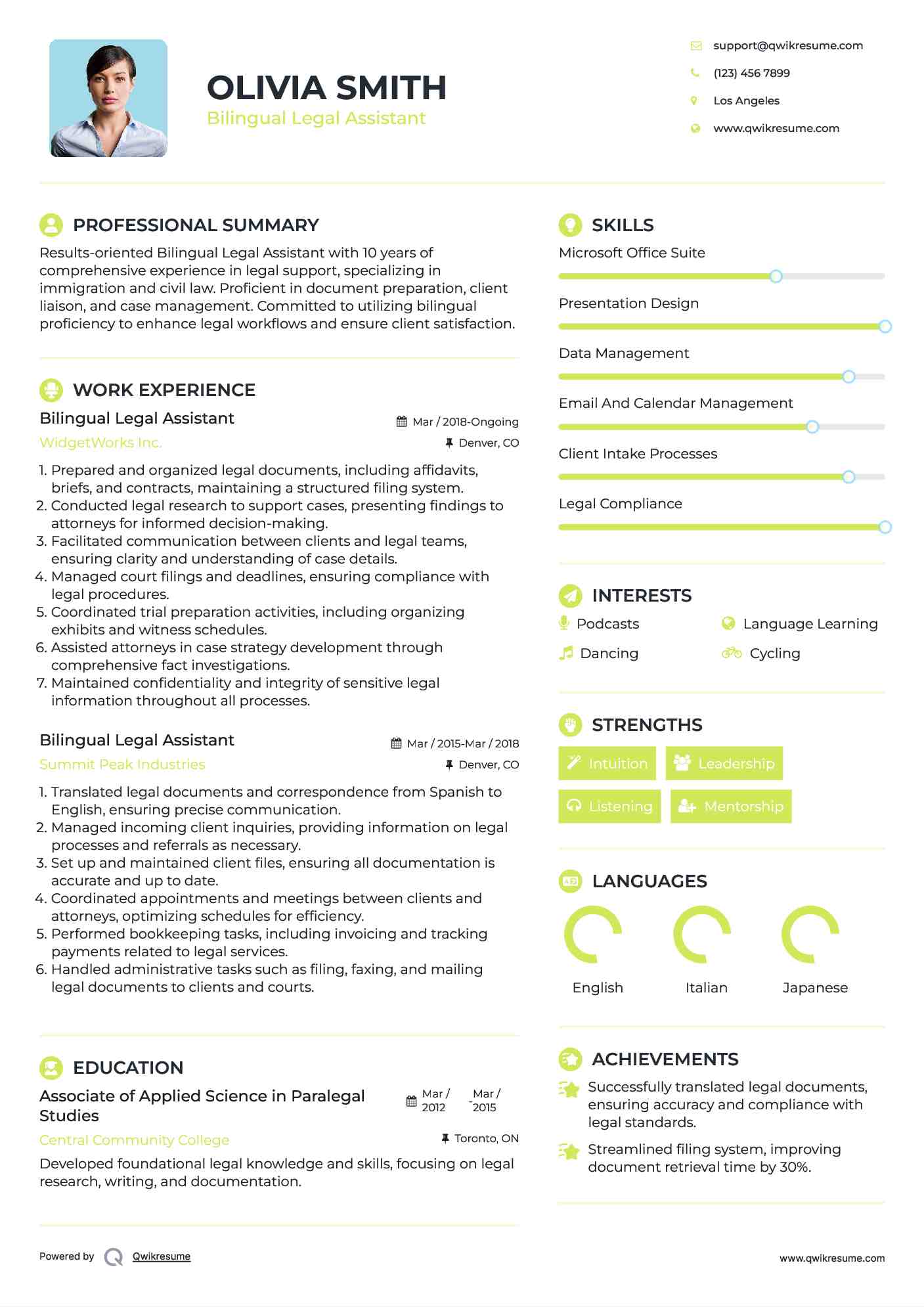 Bilingual Legal Assistant Resume Sample