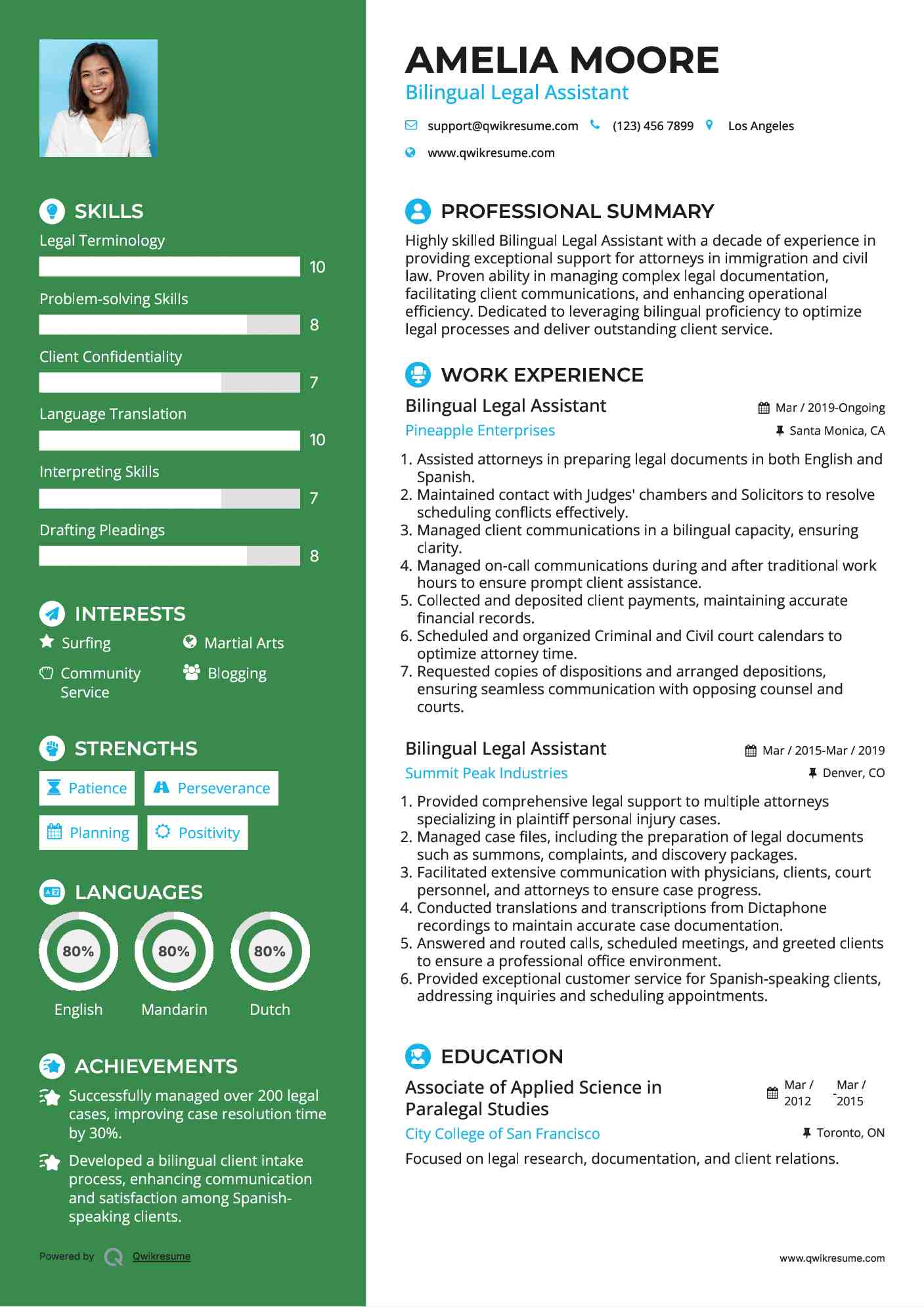 Bilingual Legal Assistant Resume Example
