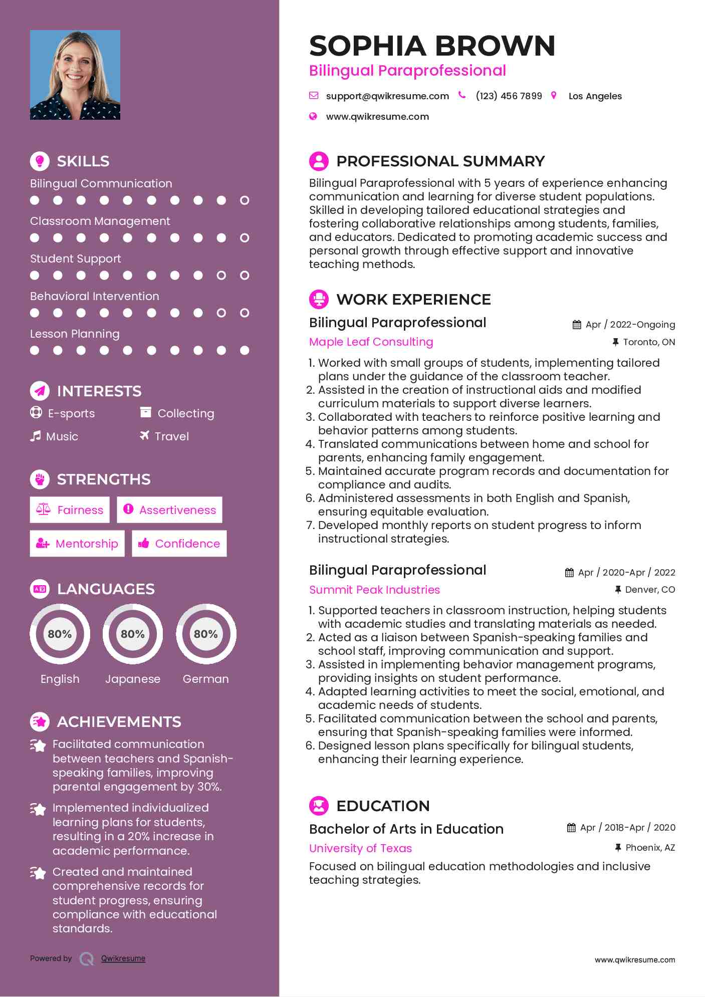 Bilingual Paraprofessional Resume Template