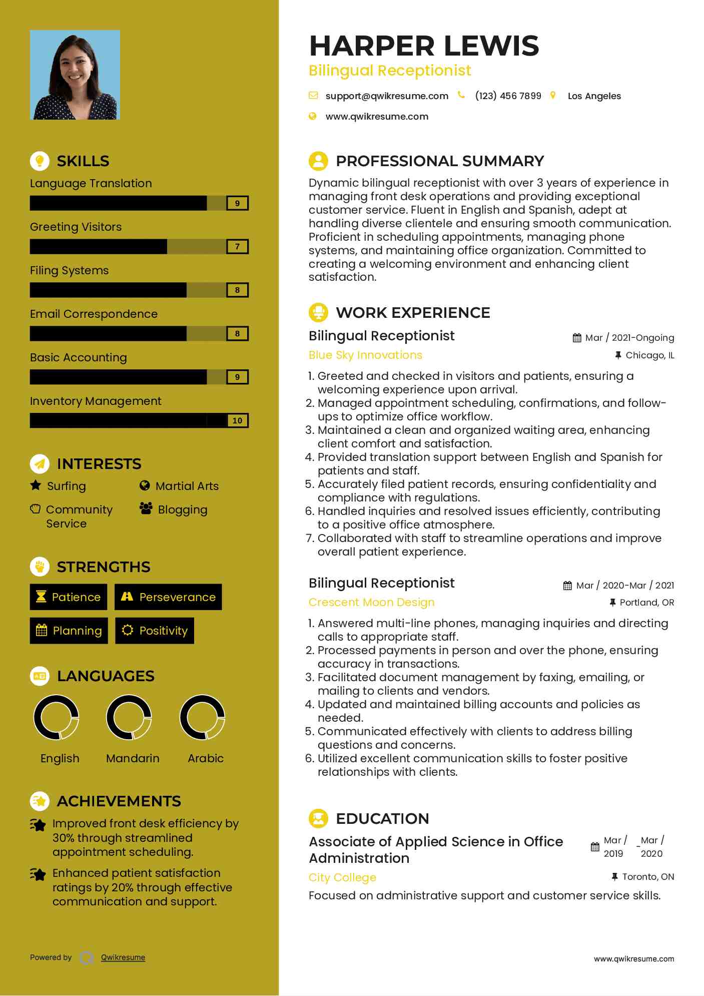 Bilingual Receptionist Resume Example