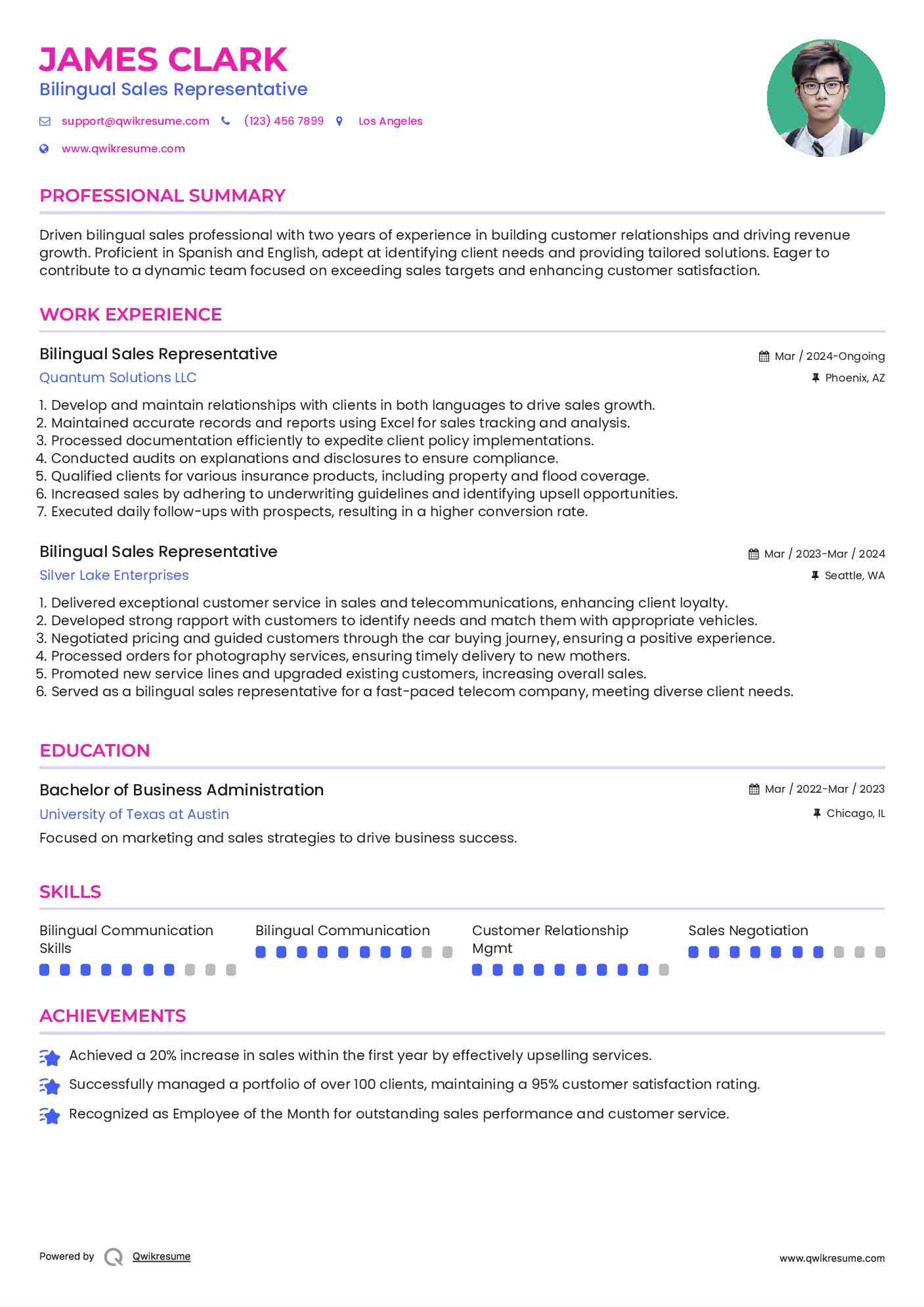 Bilingual Sales Representative Resume Sample