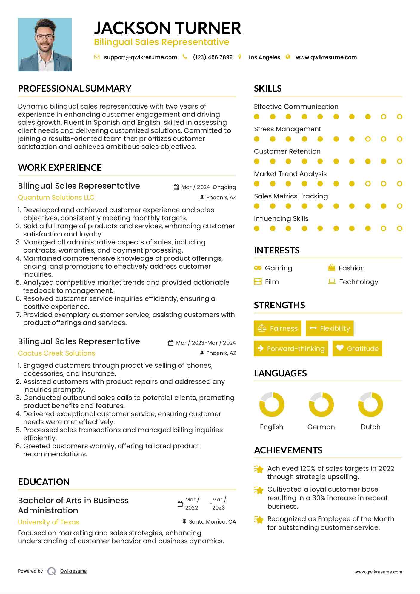 Bilingual Sales Representative Resume Model