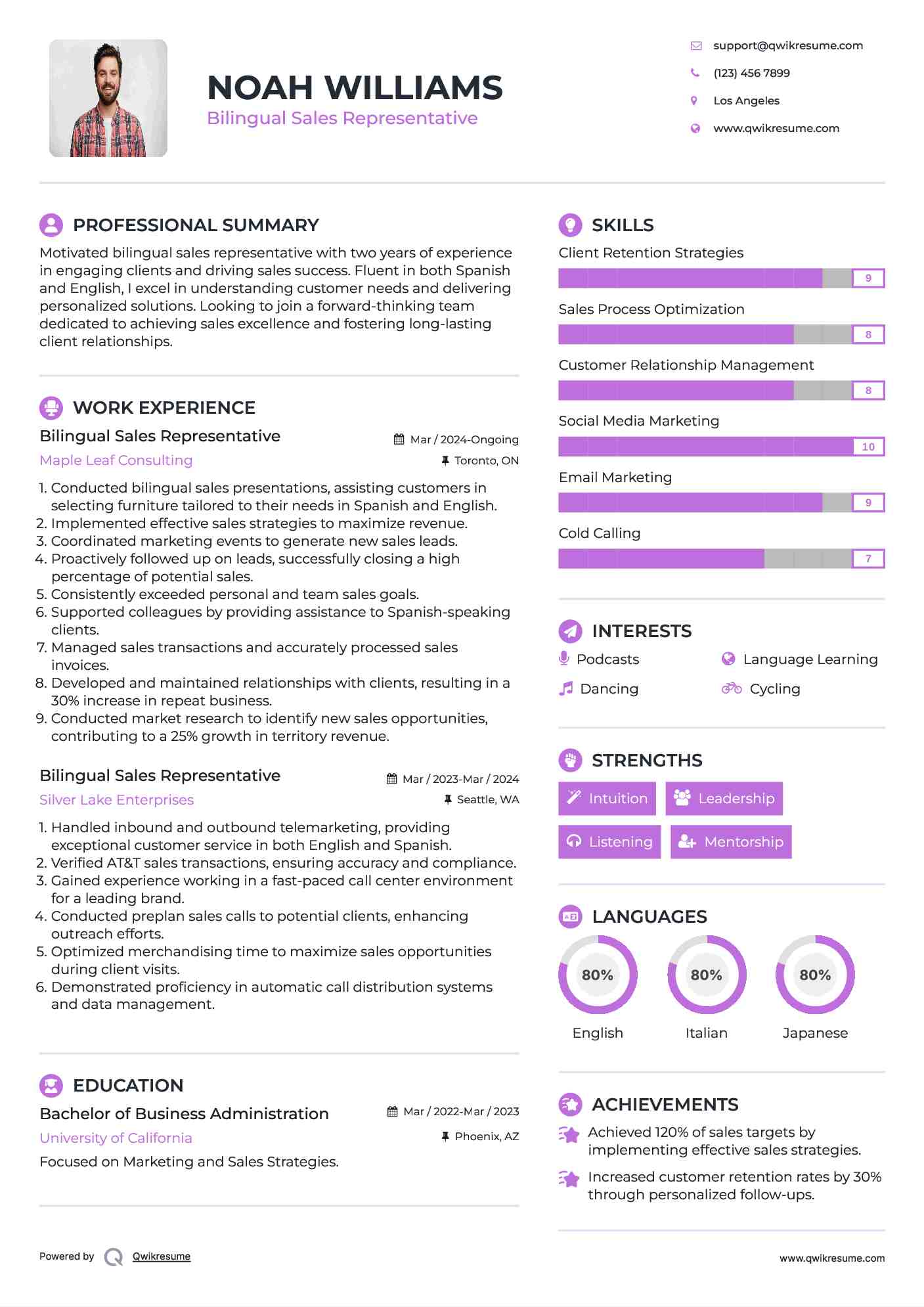 Bilingual Sales Representative Resume Format