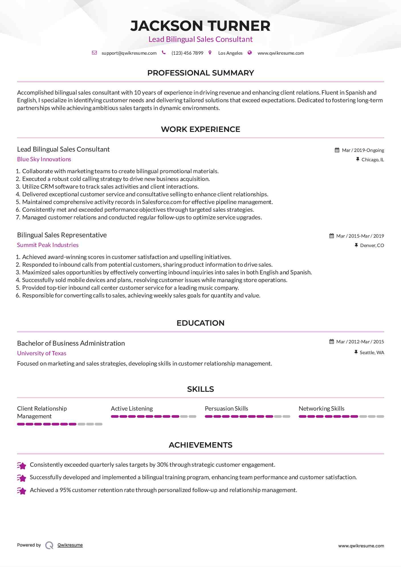 Lead Bilingual Sales Consultant Resume Sample