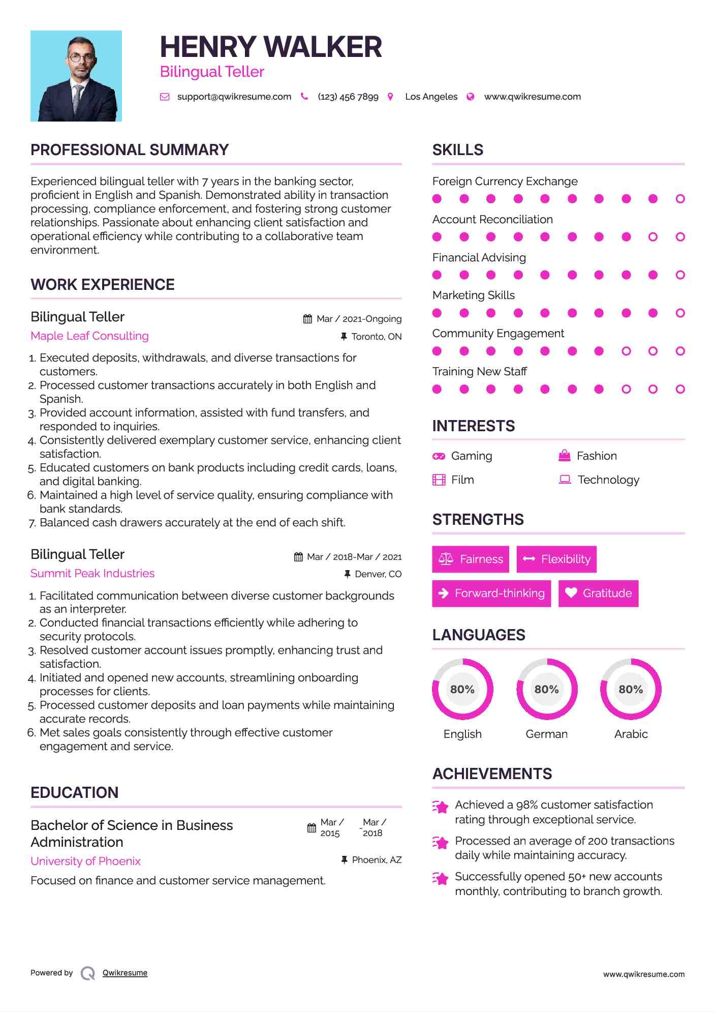 Bilingual Teller Resume Sample